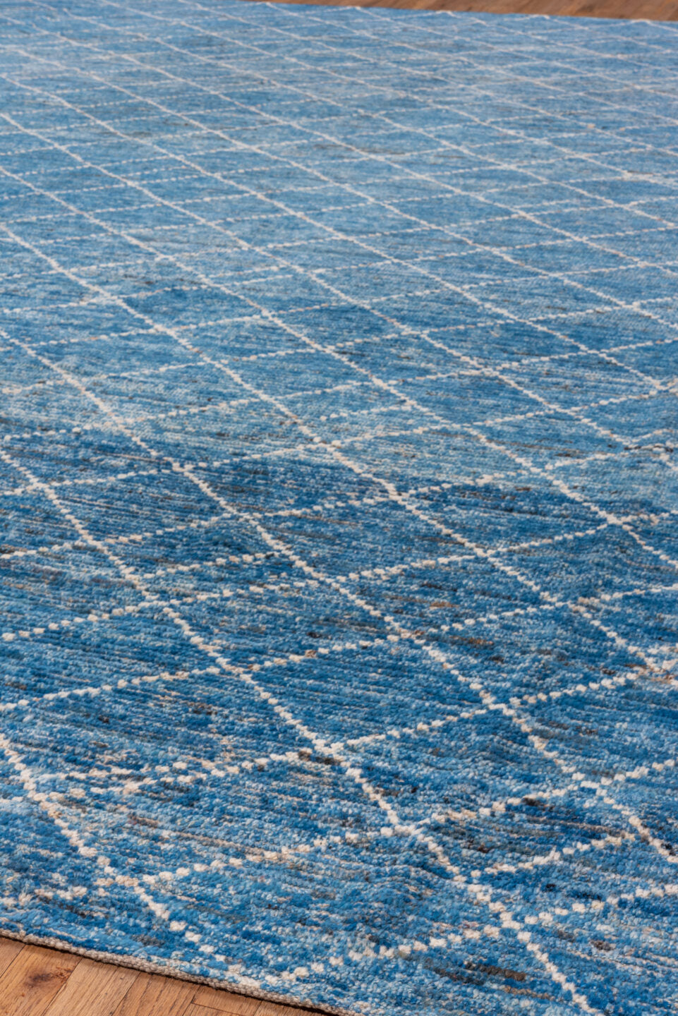 10' x 13' one-of-a-kind handmade vintage Tulu large size rug. Color palette: arapawa, blue, gainsboro, gray, light blue