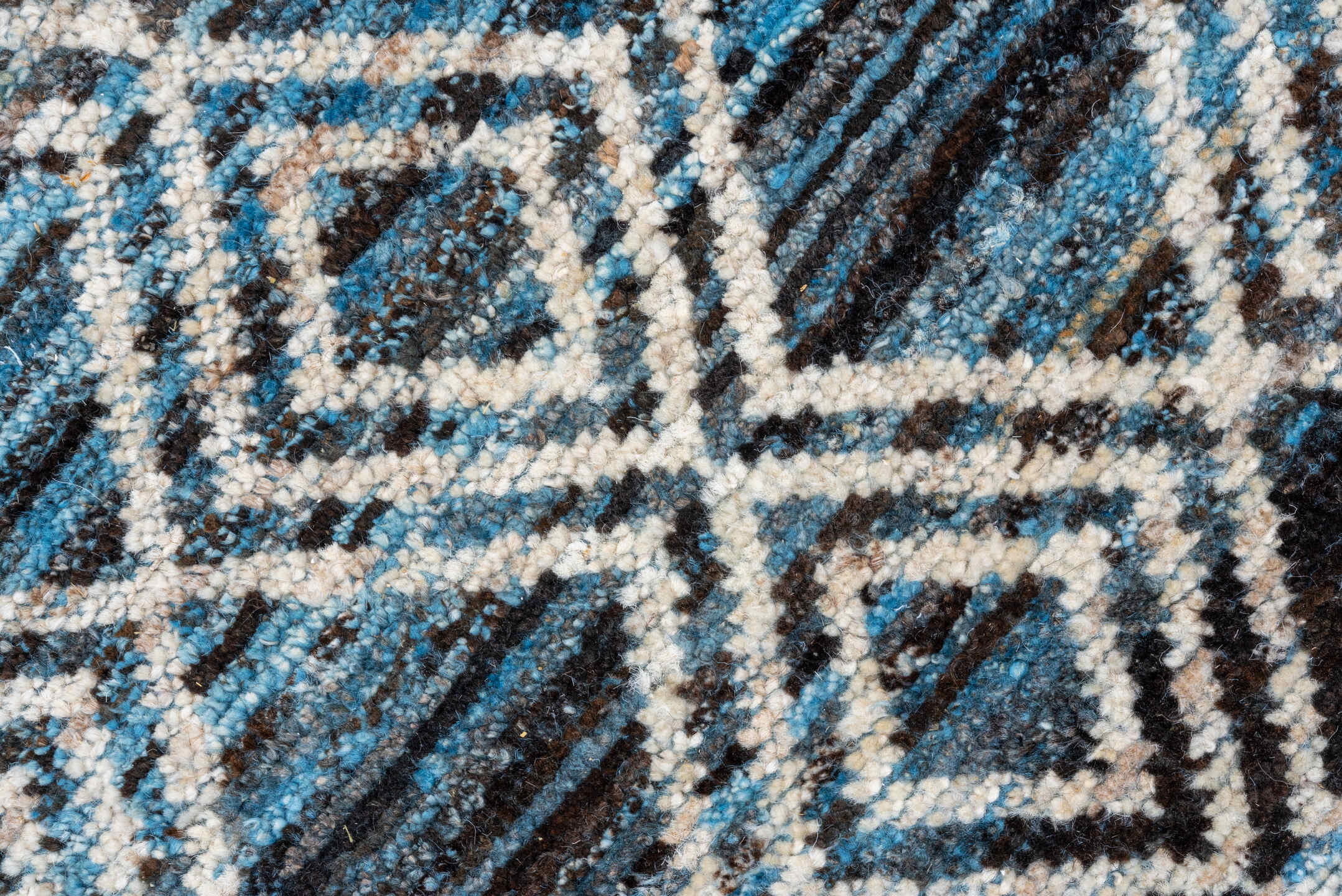 10' x 13' one-of-a-kind handmade vintage Tulu large size rug. Color palette: blue, ivory, charcoal, slate, gray, black