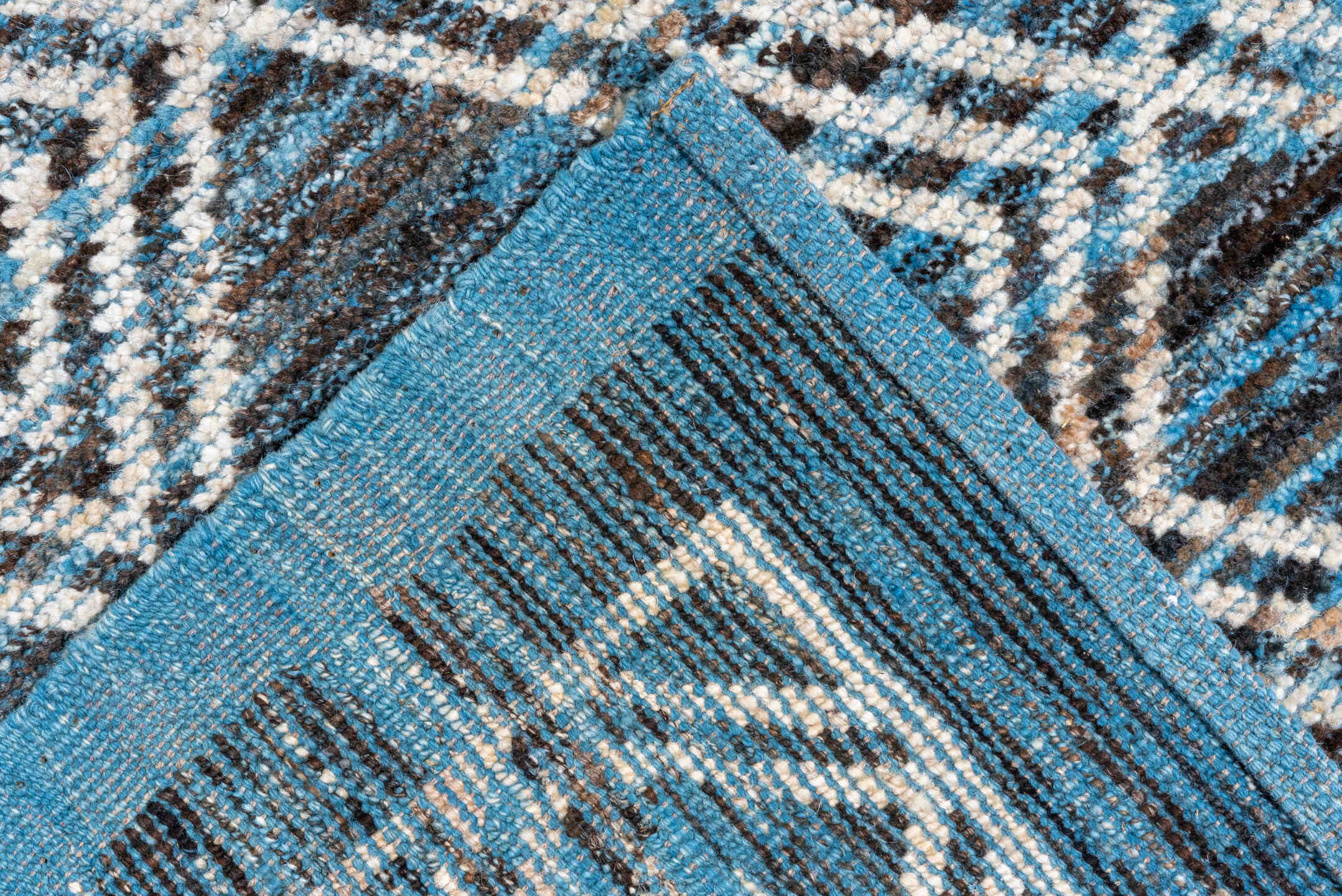 10' x 13' one-of-a-kind handmade vintage Tulu large size rug. Color palette: blue, ivory, charcoal, slate, gray, black