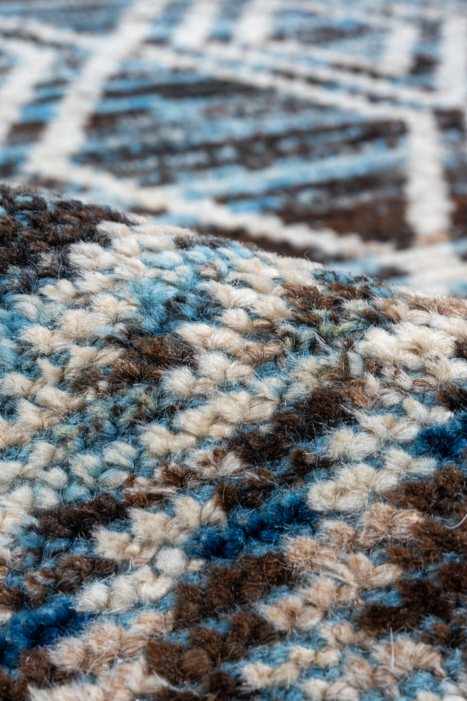 10' x 13' one-of-a-kind handmade vintage Tulu large size rug. Color palette: blue, ivory, charcoal, slate, gray, black