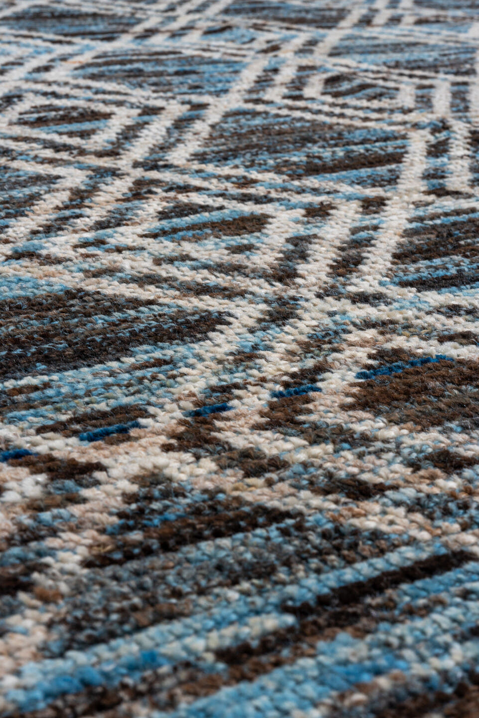 10' x 13' one-of-a-kind handmade vintage Tulu large size rug. Color palette: blue, ivory, charcoal, slate, gray, black