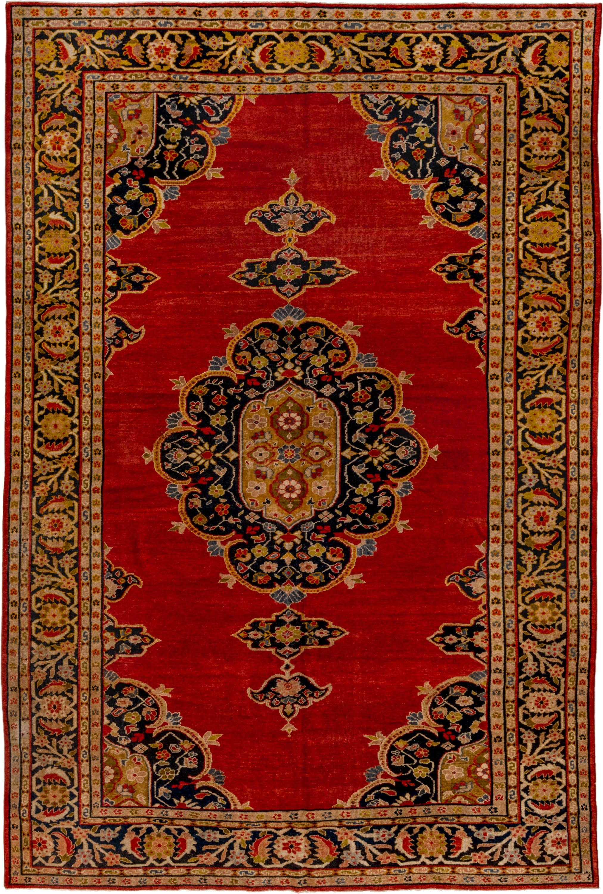 9' x 13' one-of-a-kind handmade vintage Sultanabad large size rug. Color palette: crimson, navy, ivory, gold, camel, slate