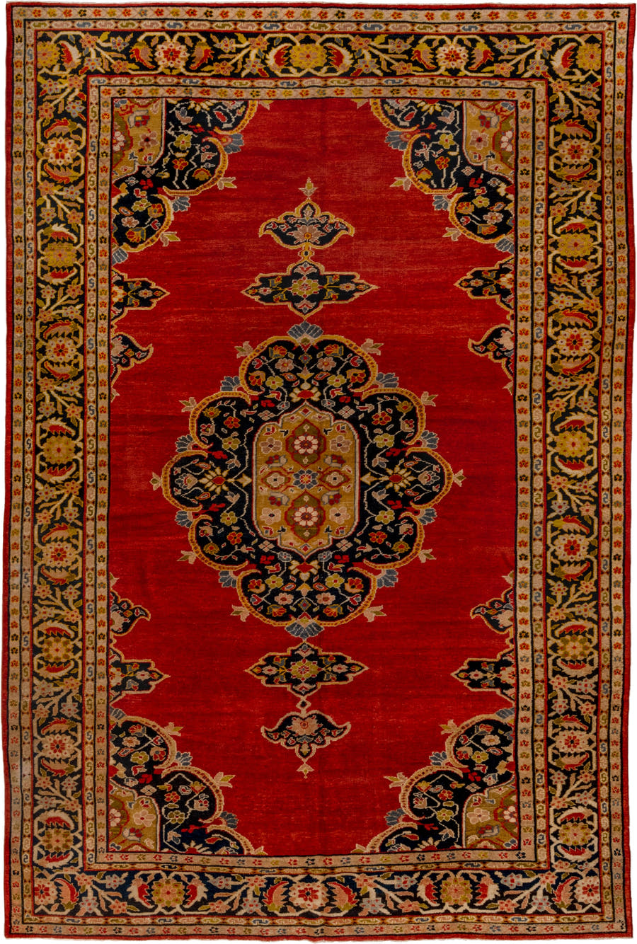 9' x 13' one-of-a-kind handmade vintage Sultanabad large size rug. Color palette: crimson, navy, ivory, gold, camel, slate