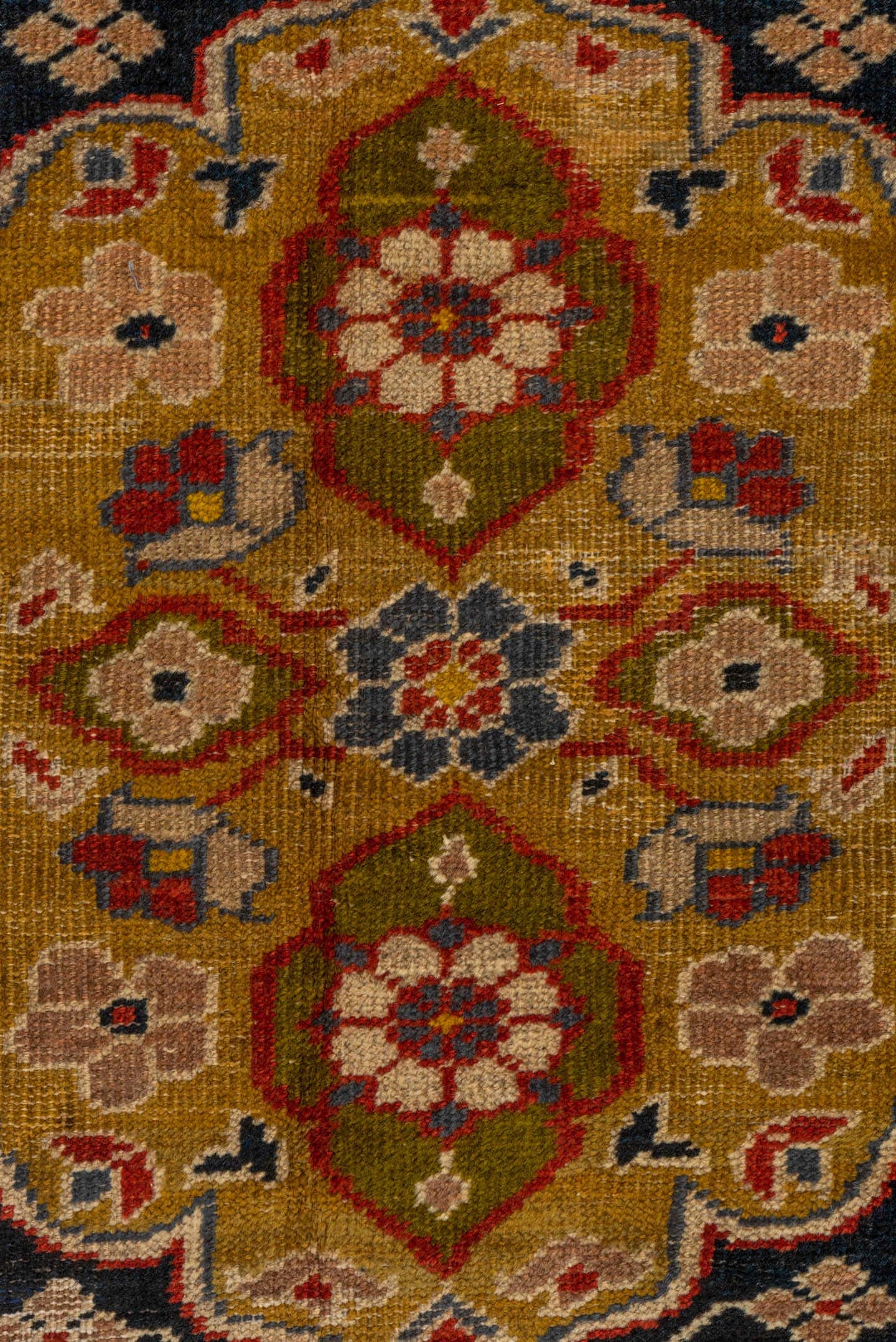 9' x 13' one-of-a-kind handmade vintage Sultanabad large size rug. Color palette: crimson, navy, ivory, gold, camel, slate