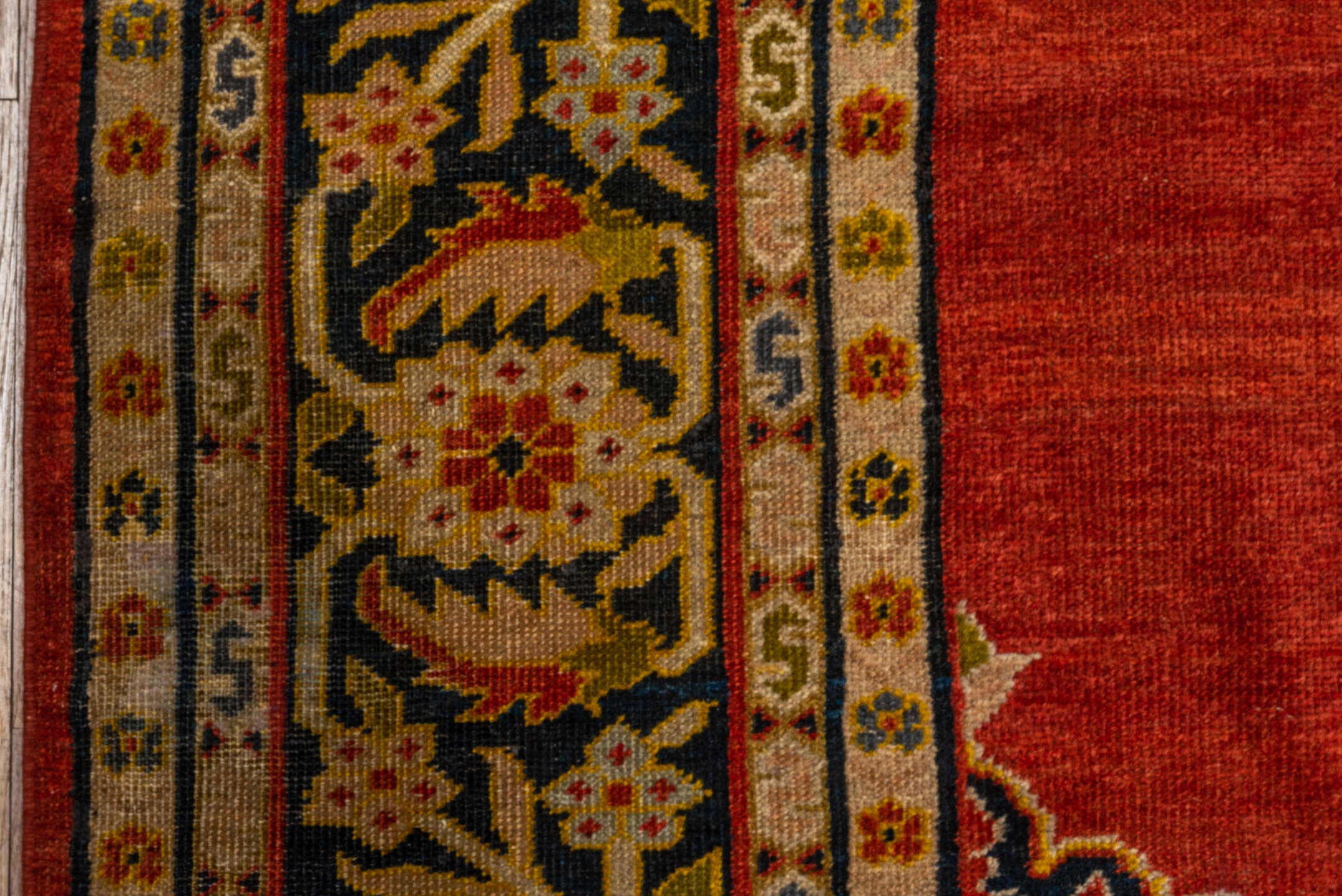 9' x 13' one-of-a-kind handmade vintage Sultanabad large size rug. Color palette: crimson, navy, ivory, gold, camel, slate