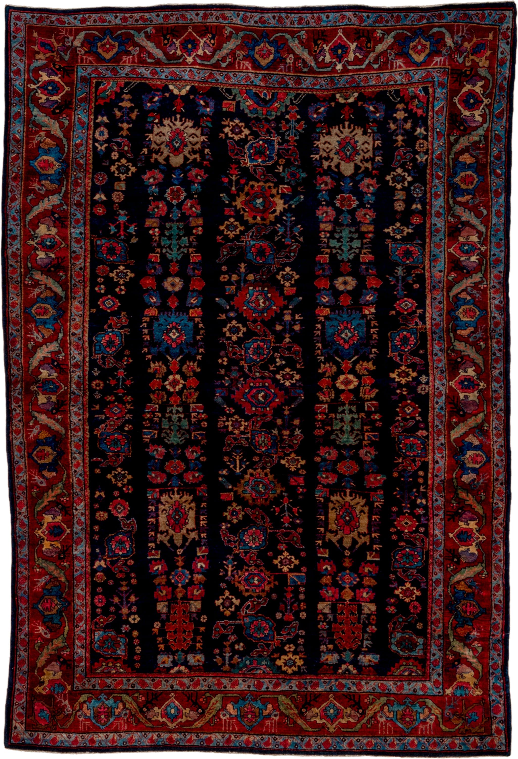 6' x 9' one-of-a-kind handmade vintage Bidjar medium size rug. Color palette: navy, rust, crimson, ivory, cobalt, rose