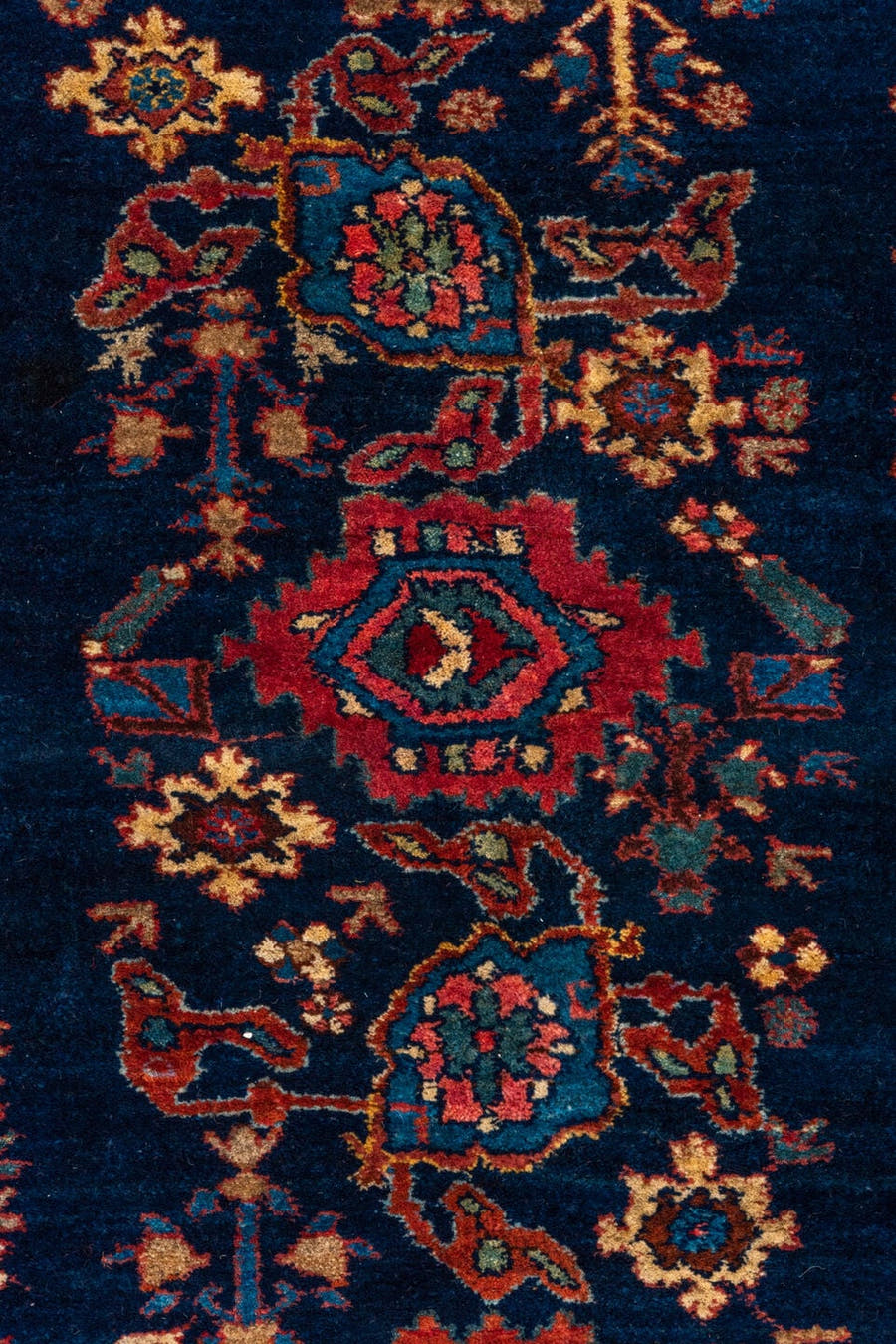 6' x 9' one-of-a-kind handmade vintage Bidjar medium size rug. Color palette: navy, rust, crimson, ivory, cobalt, rose