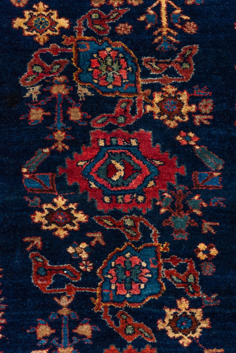 6' x 9' one-of-a-kind handmade vintage Bidjar medium size rug. Color palette: navy, rust, crimson, ivory, cobalt, rose