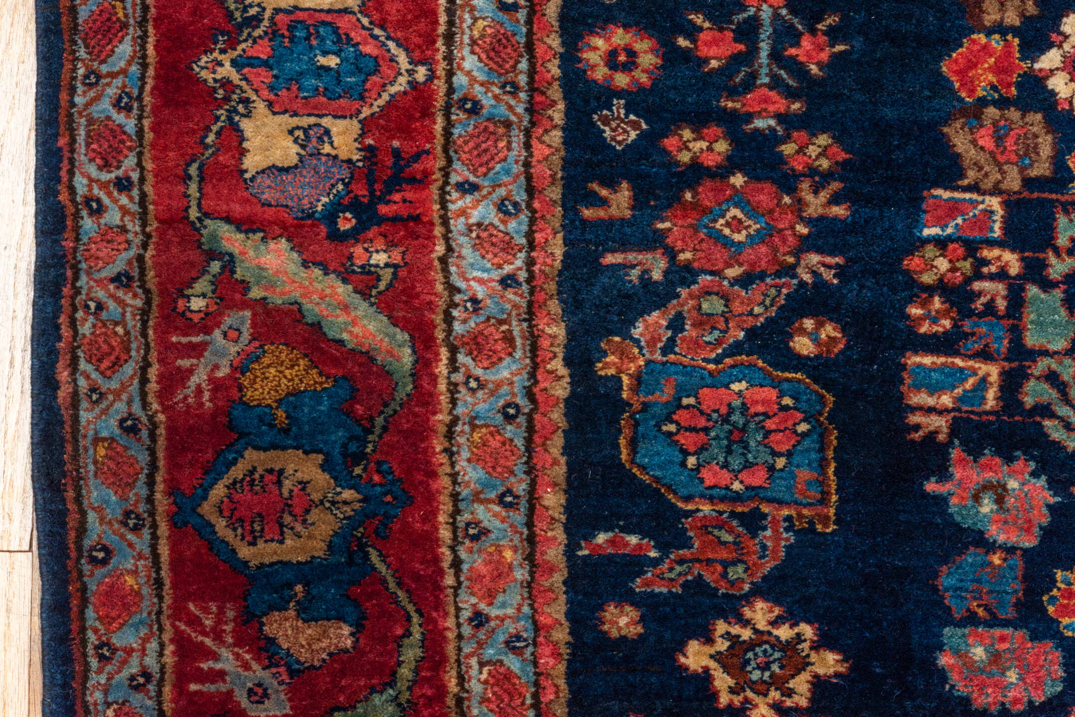 6' x 9' one-of-a-kind handmade vintage Bidjar medium size rug. Color palette: blue, brown, gray, off-white, red, snow, white