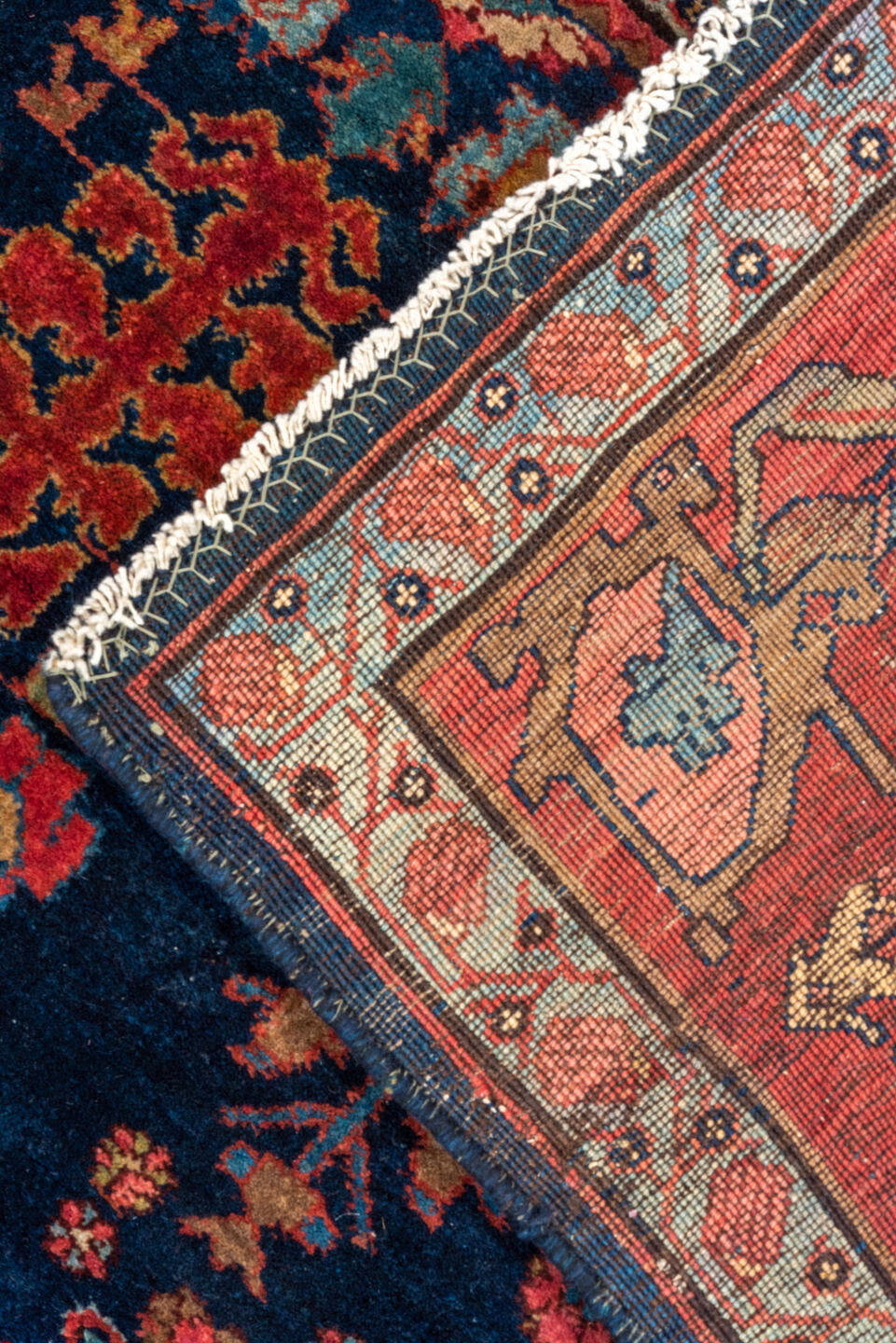 6' x 9' one-of-a-kind handmade vintage Bidjar medium size rug. Color palette: navy, rust, crimson, ivory, cobalt, rose