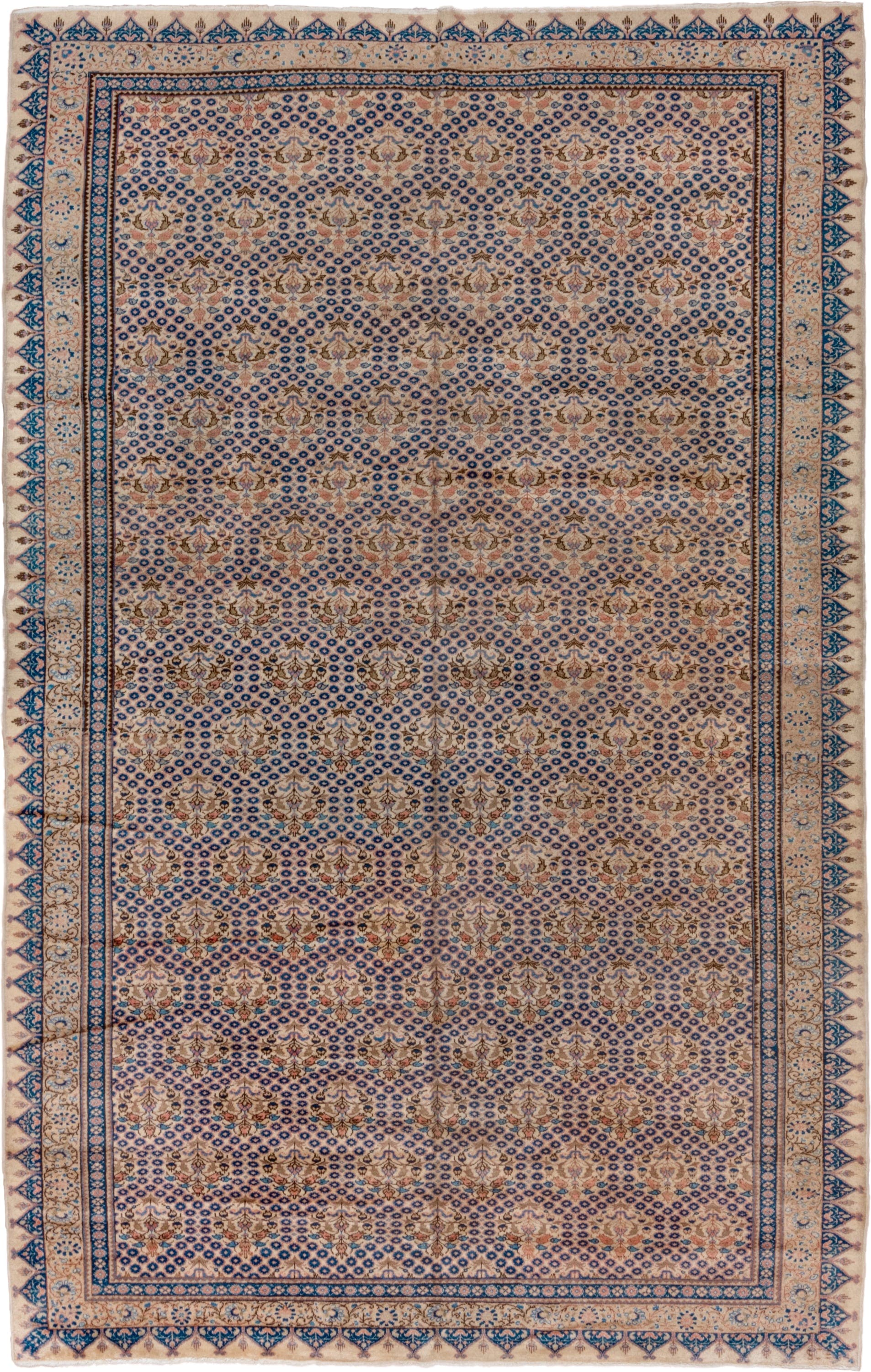 7' x 12' one-of-a-kind handmade vintage Sivas large size rug. Color palette: ivory, navy, beige, camel, taupe, slate, rose
