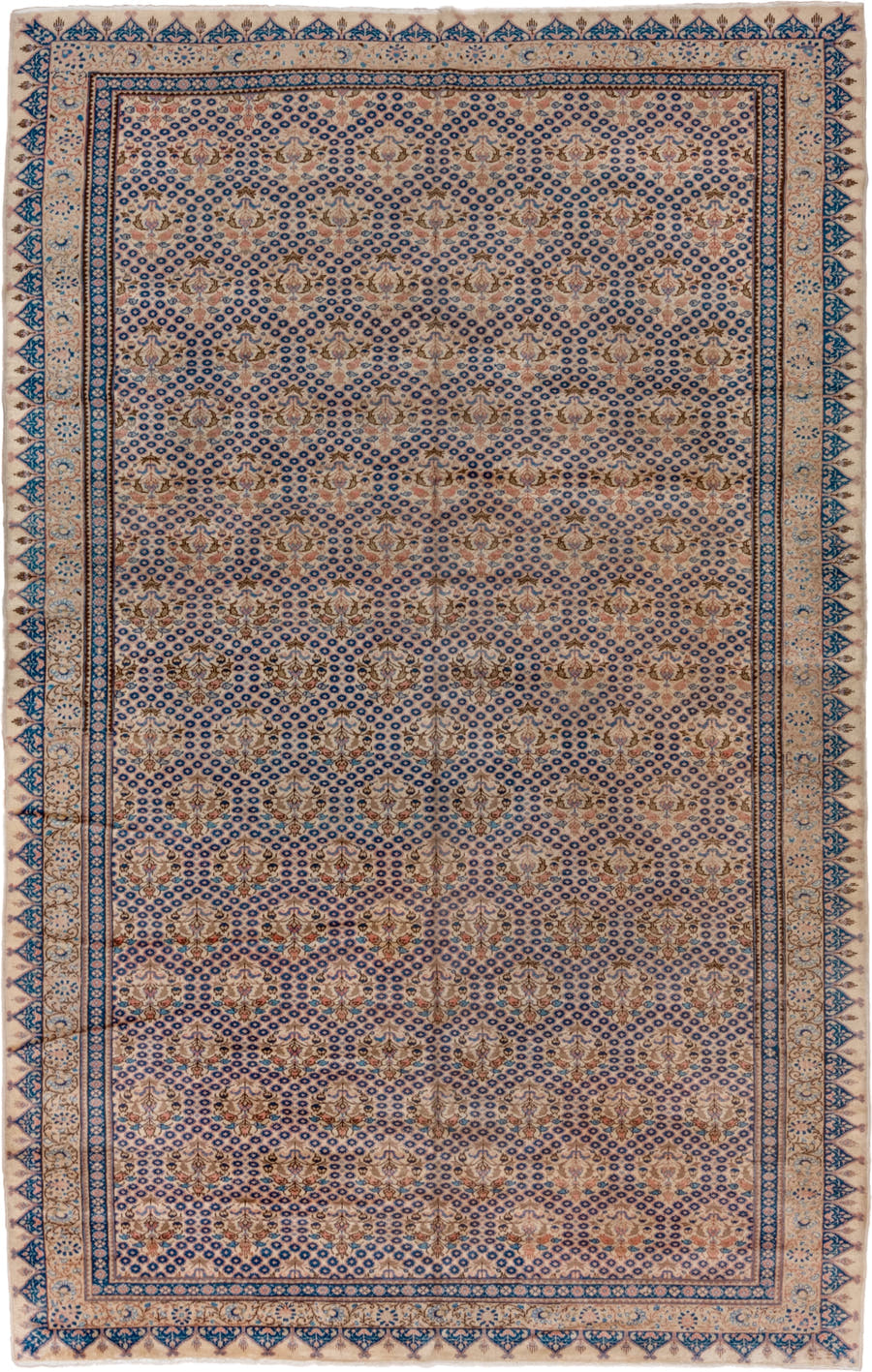 7' x 12' one-of-a-kind handmade vintage Sivas large size rug. Color palette: ivory, navy, beige, camel, taupe, slate, rose