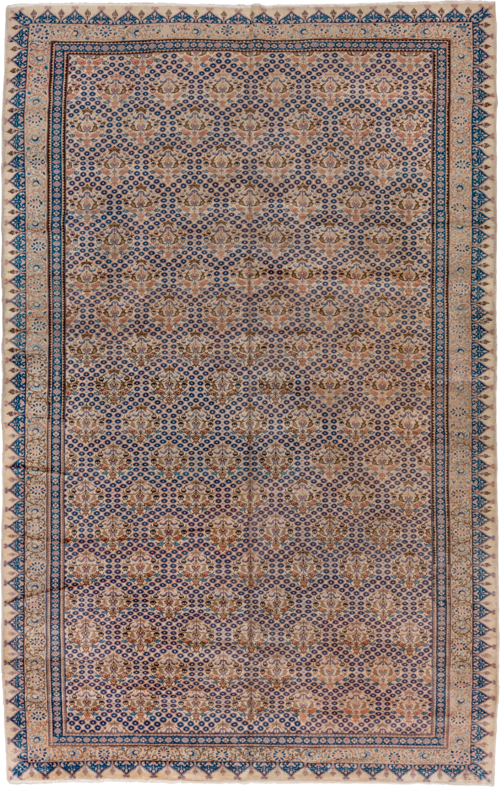 7' x 12' one-of-a-kind handmade vintage Sivas large size rug. Color palette: ivory, navy, beige, camel, taupe, slate, rose