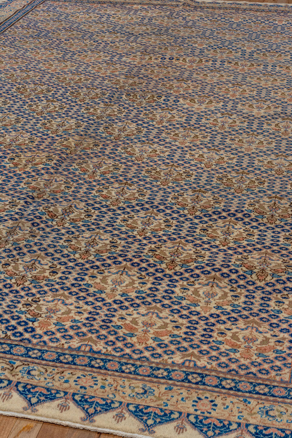 7' x 12' one-of-a-kind handmade vintage Sivas large size rug. Color palette: ivory, navy, beige, camel, taupe, slate, rose