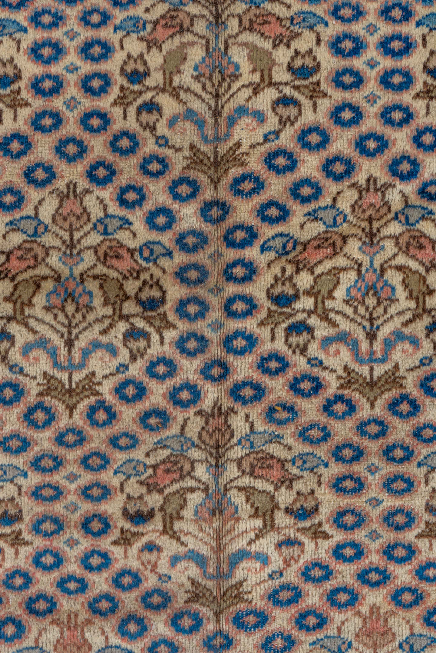 7' x 12' one-of-a-kind handmade vintage Sivas large size rug. Color palette: ivory, navy, beige, camel, taupe, slate, rose