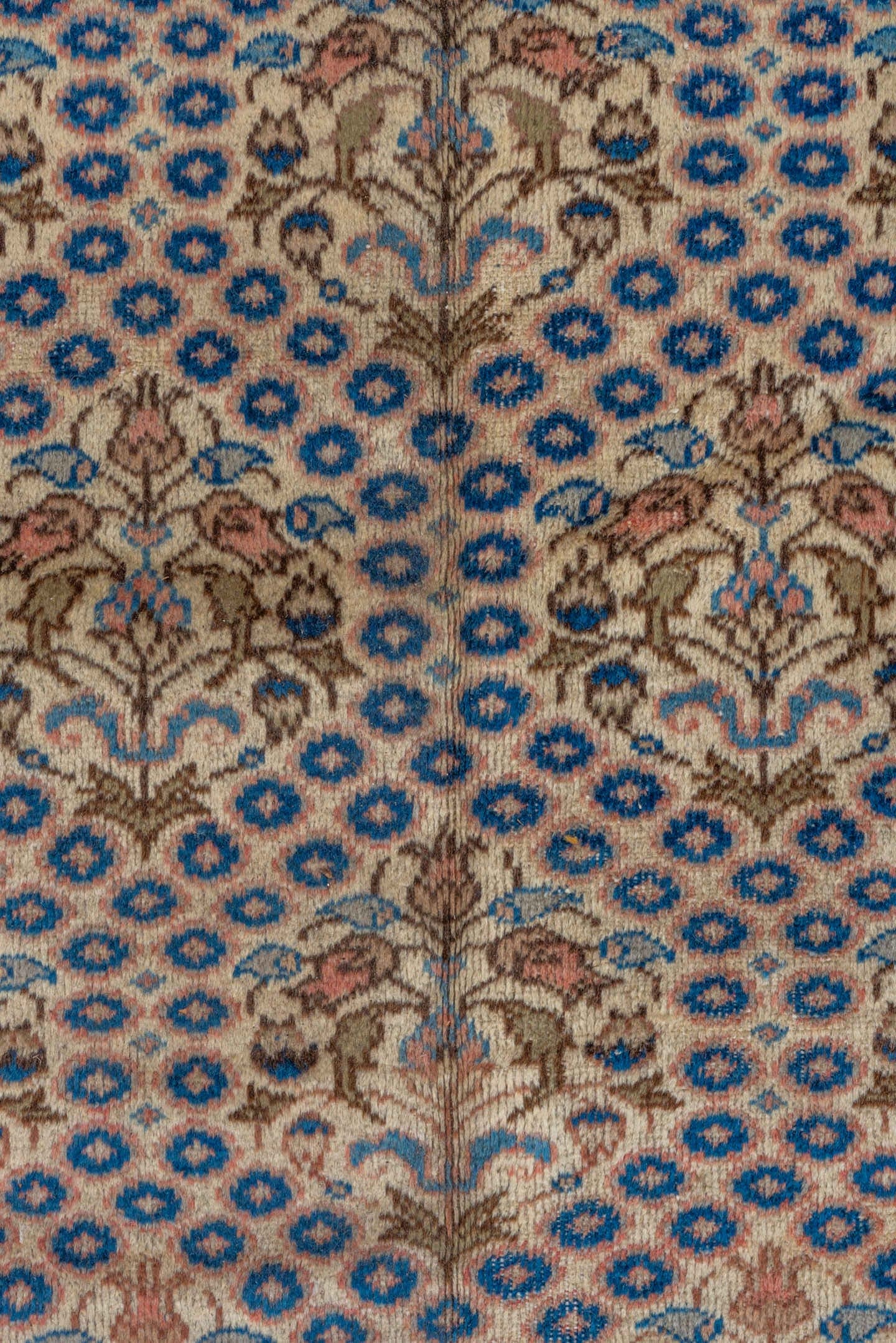7' x 12' one-of-a-kind handmade vintage Sivas large size rug. Color palette: ivory, navy, beige, camel, taupe, slate, rose