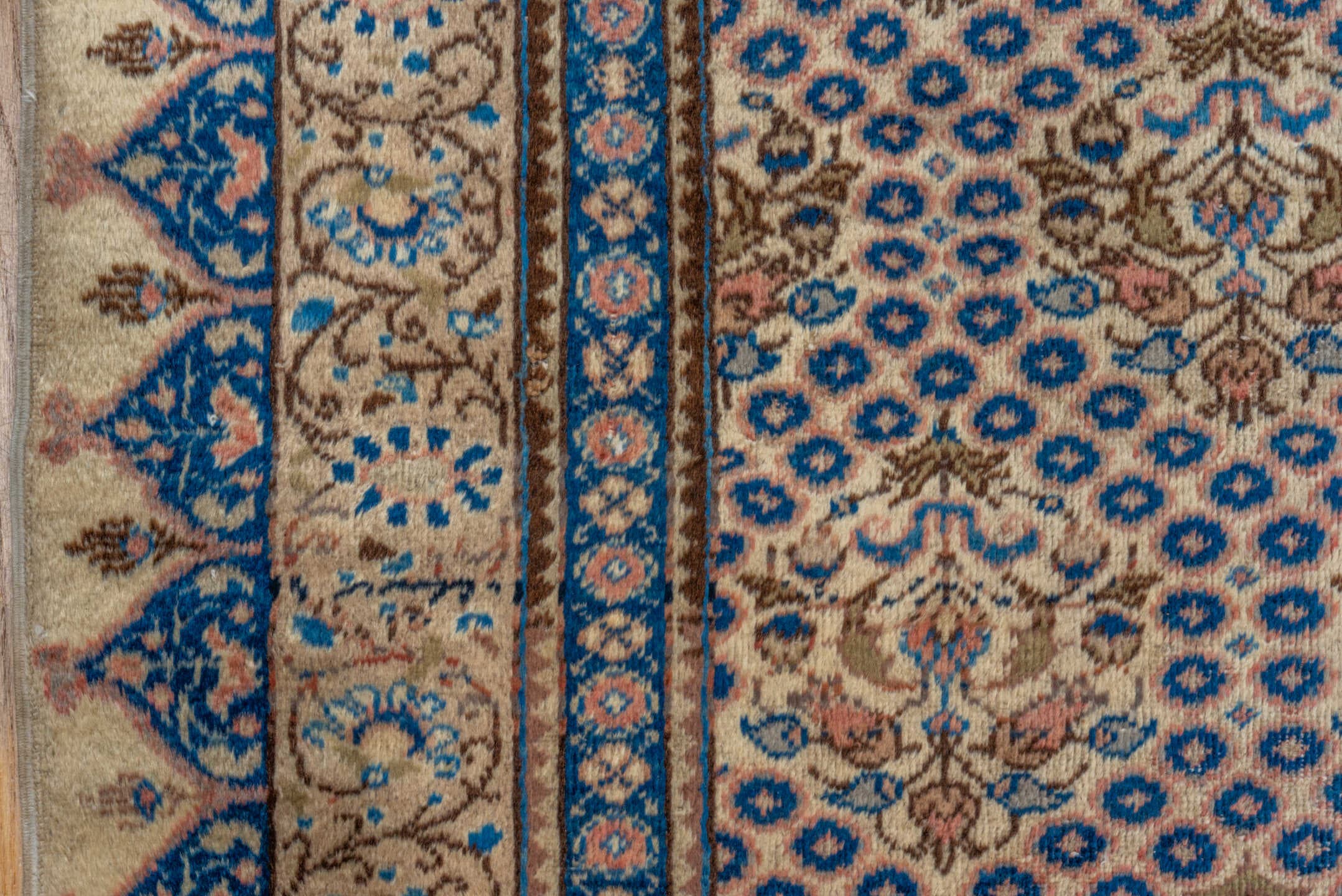 7' x 12' one-of-a-kind handmade vintage Sivas large size rug. Color palette: ivory, navy, beige, camel, taupe, slate, rose
