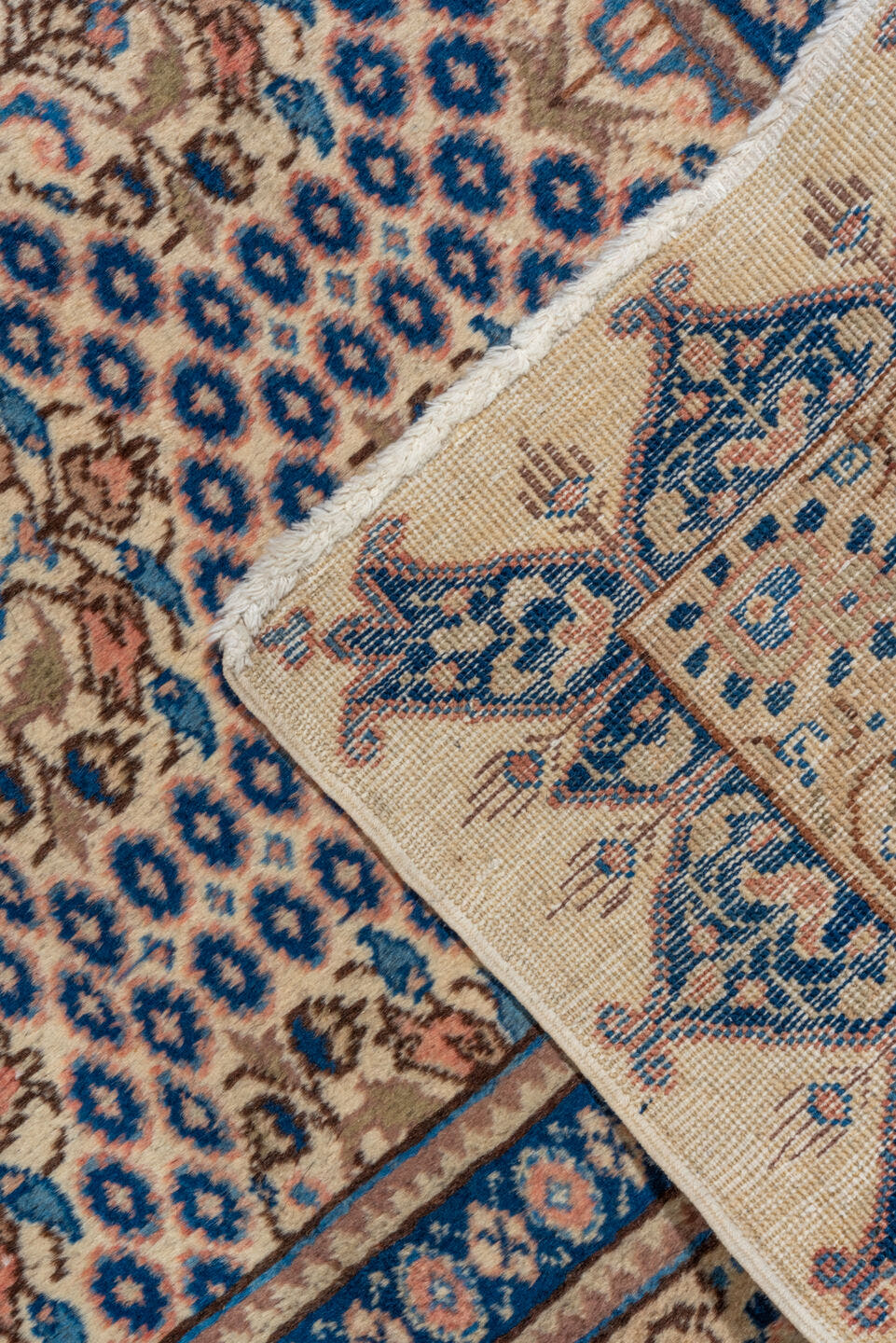 7' x 12' one-of-a-kind handmade vintage Sivas large size rug. Color palette: ivory, navy, beige, camel, taupe, slate, rose