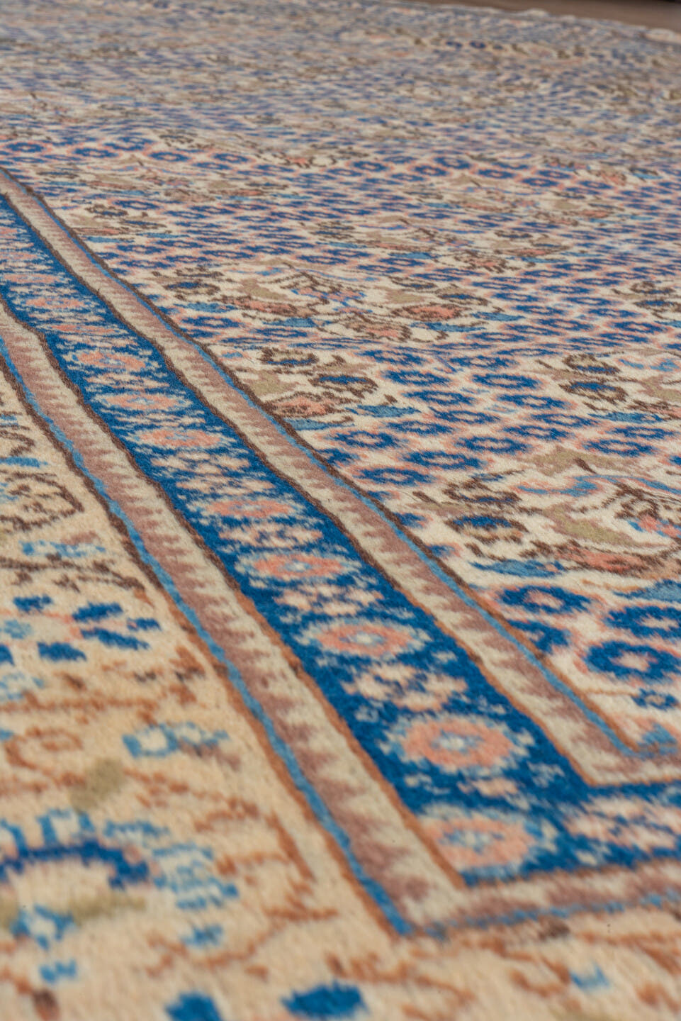 7' x 12' one-of-a-kind handmade vintage Sivas large size rug. Color palette: ivory, navy, beige, camel, taupe, slate, rose