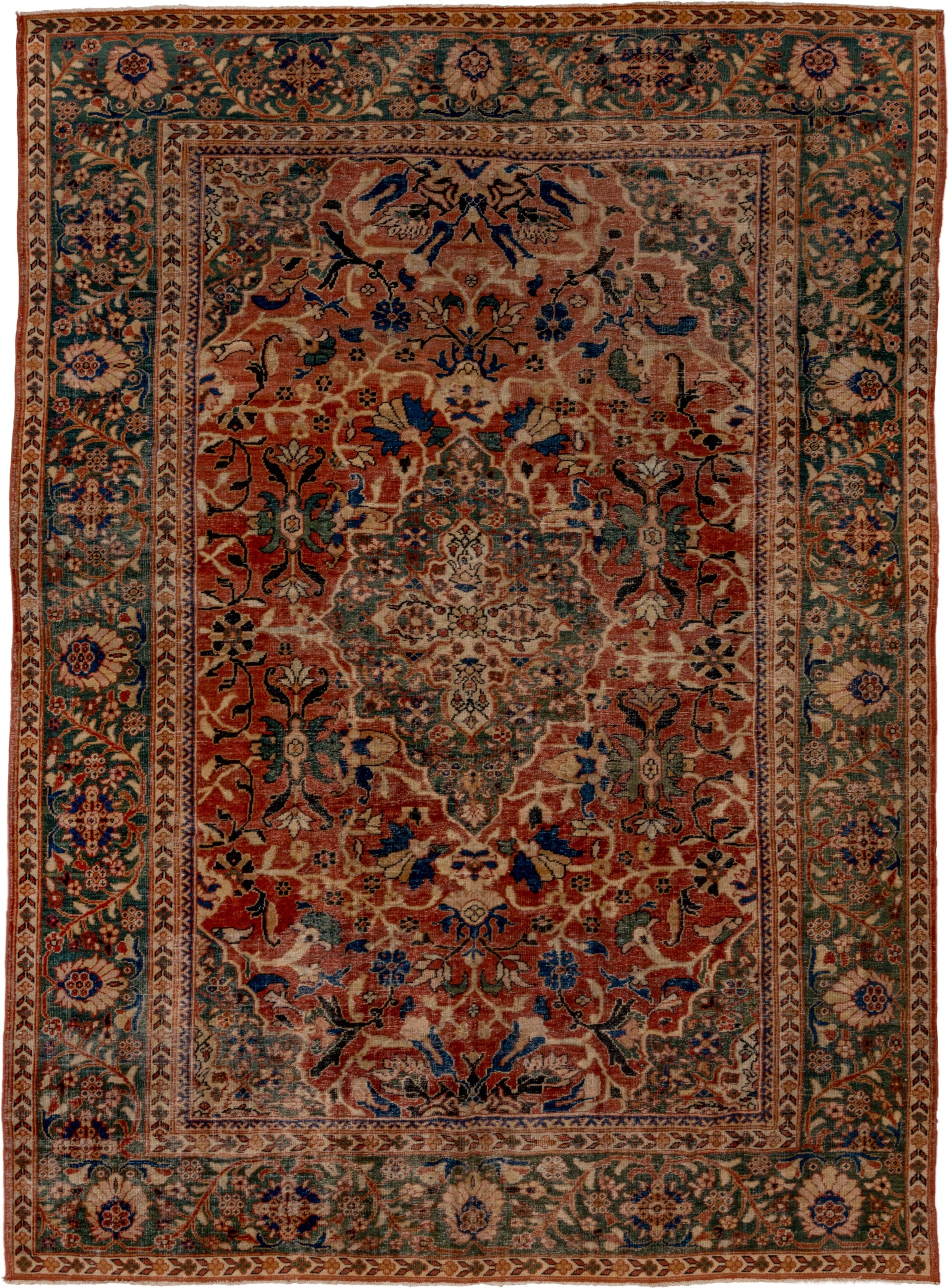 9' x 12' one-of-a-kind handmade vintage Mahal large size rug. Color palette: terra cotta, teal, ivory, navy, sage, rust