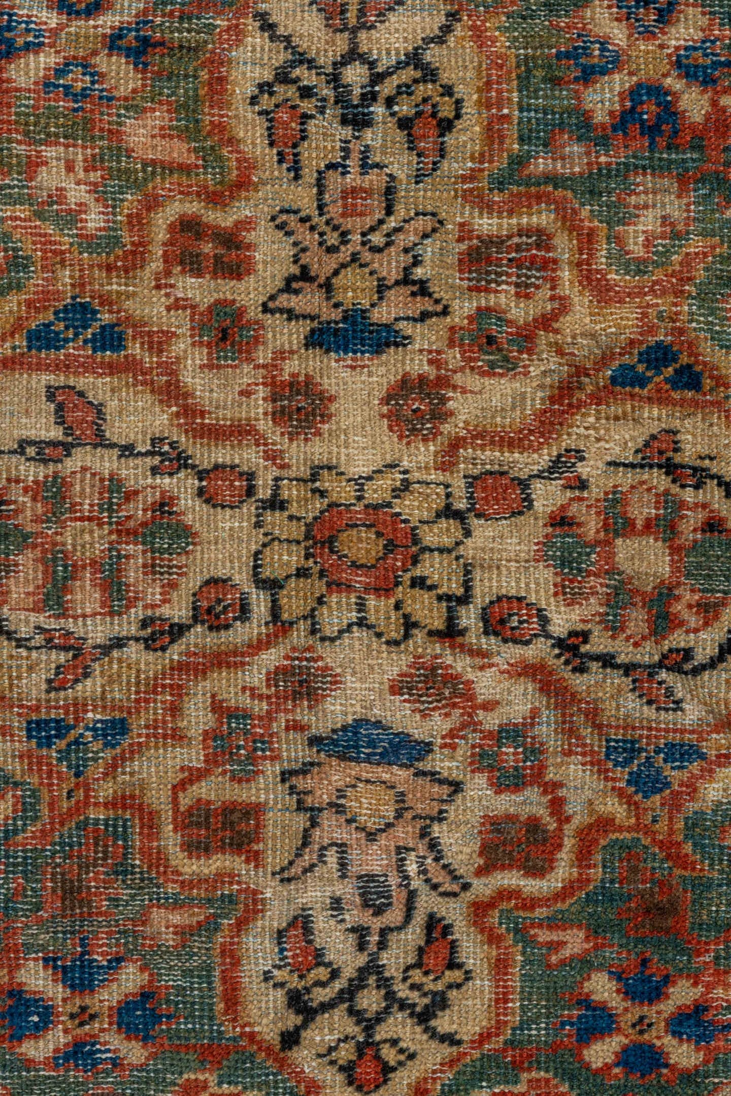 9' x 12' one-of-a-kind handmade vintage Mahal large size rug. Color palette: terra cotta, teal, ivory, navy, sage, rust