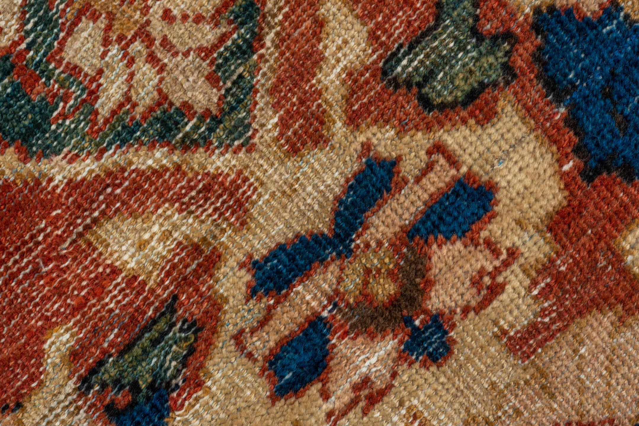9' x 12' one-of-a-kind handmade vintage Mahal large size rug. Color palette: terra cotta, teal, ivory, navy, sage, rust