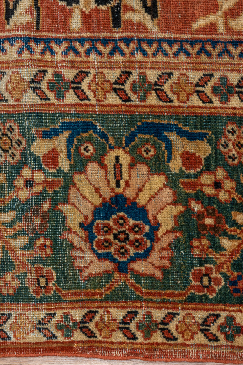 9' x 12' one-of-a-kind handmade vintage Mahal large size rug. Color palette: terra cotta, teal, ivory, navy, sage, rust