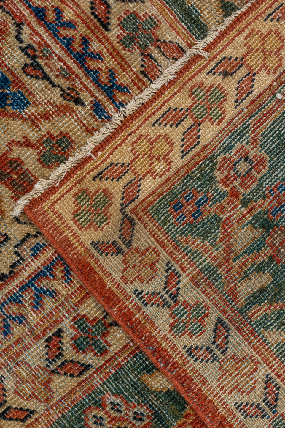 9' x 12' one-of-a-kind handmade vintage Mahal large size rug. Color palette: terra cotta, teal, ivory, navy, sage, rust