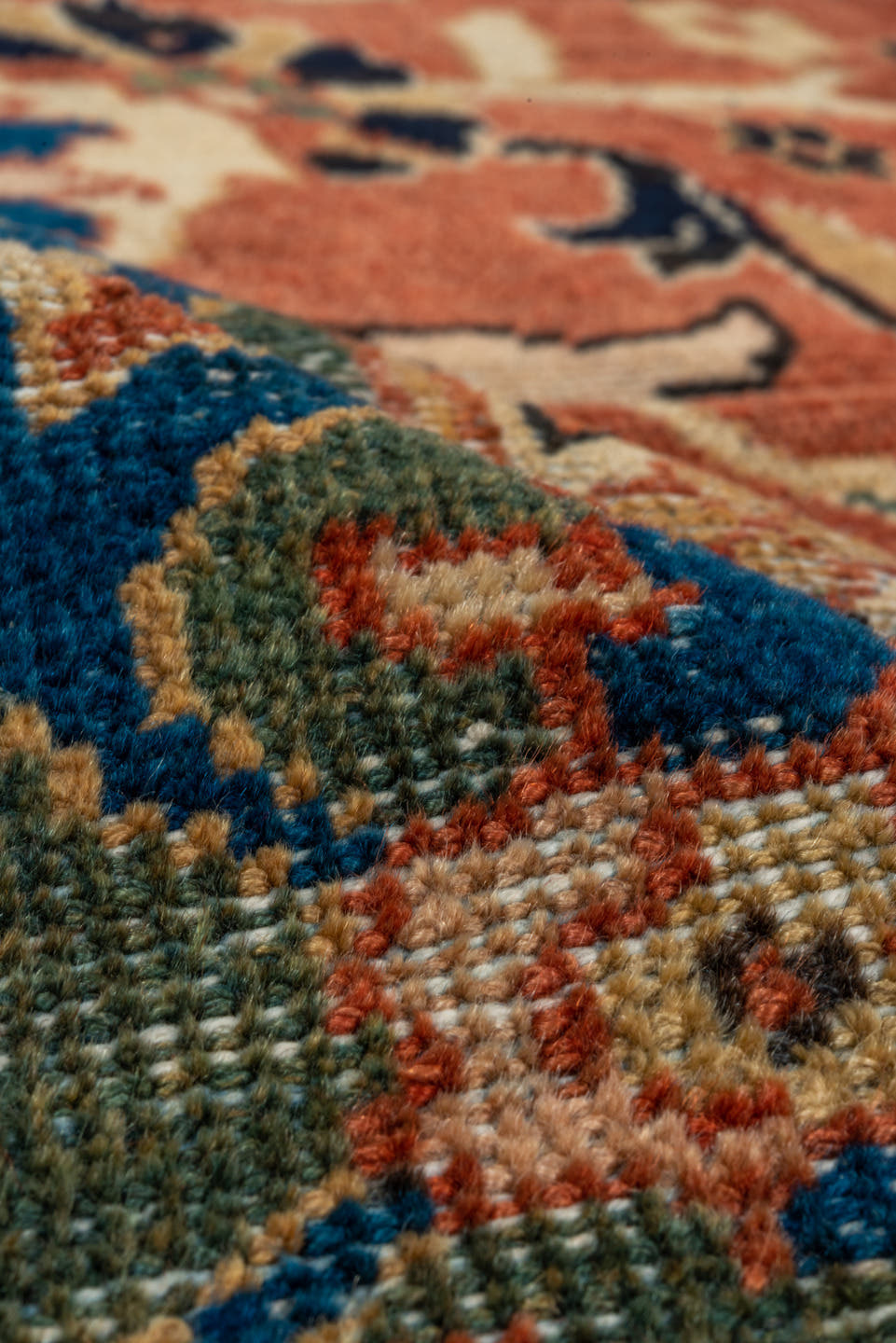 9' x 12' one-of-a-kind handmade vintage Mahal large size rug. Color palette: terra cotta, teal, ivory, navy, sage, rust