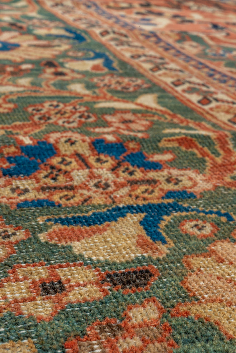 9' x 12' one-of-a-kind handmade vintage Mahal large size rug. Color palette: terra cotta, teal, ivory, navy, sage, rust