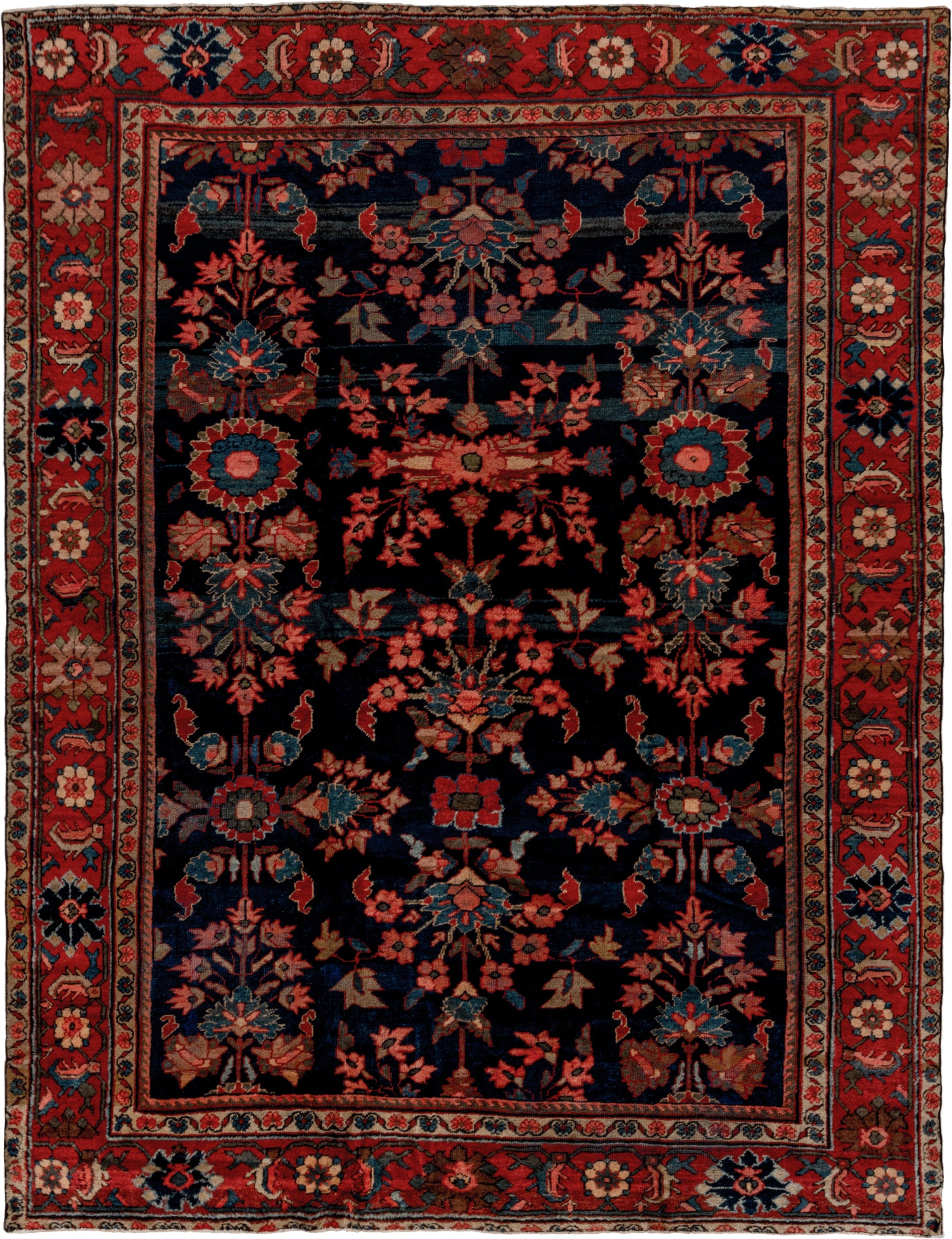 9' x 12' one-of-a-kind handmade vintage Mahal large size rug. Color palette: navy, rust, coral, teal, ivory, slate, rose