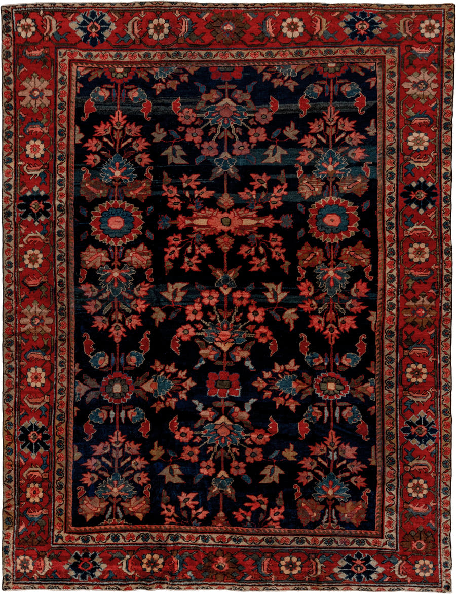 9' x 12' one-of-a-kind handmade vintage Mahal large size rug. Color palette: navy, rust, coral, teal, ivory, slate, rose
