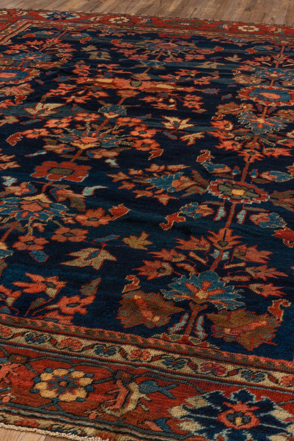 9' x 12' one-of-a-kind handmade vintage Mahal large size rug. Color palette: navy, rust, coral, teal, ivory, slate, rose