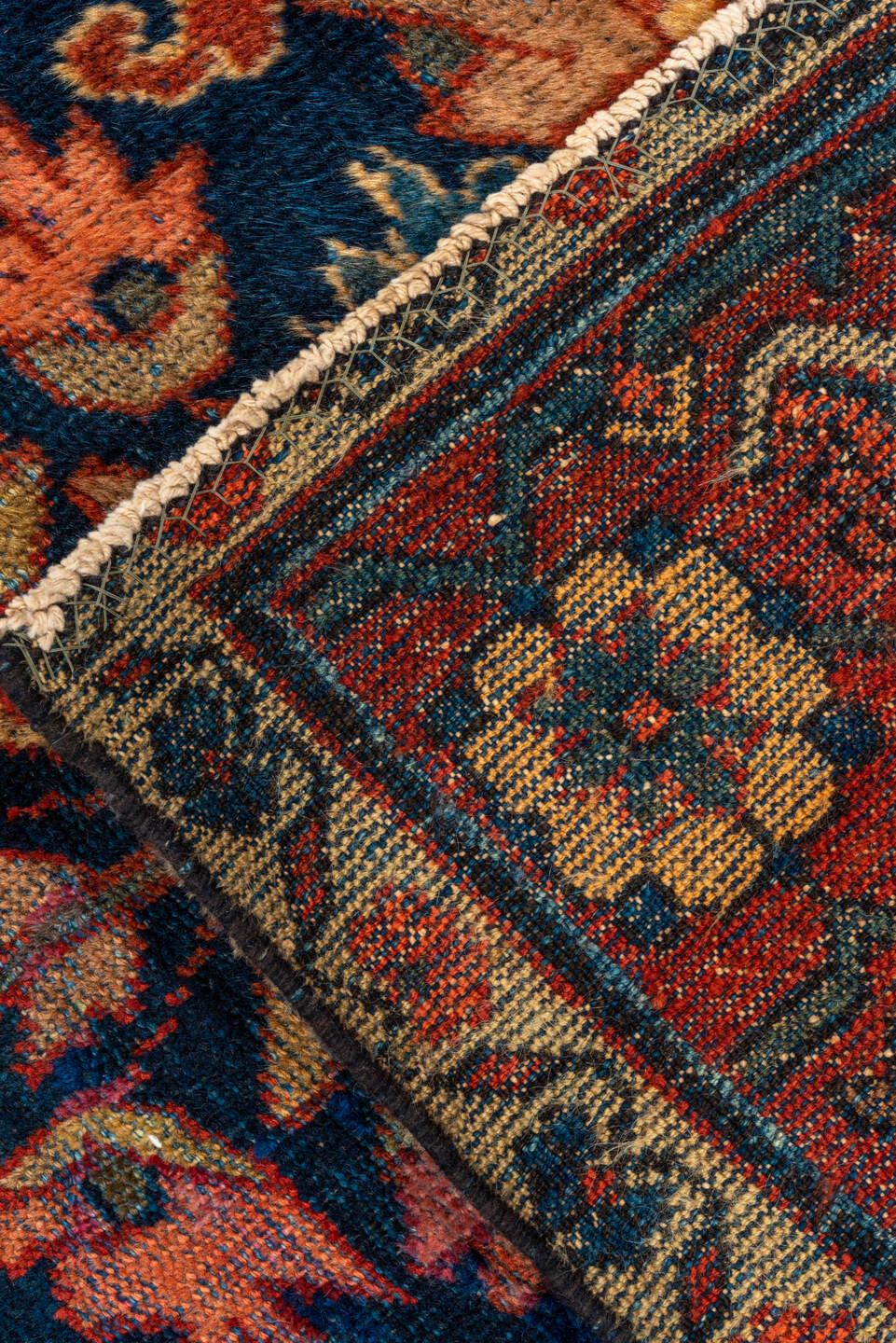 9' x 12' one-of-a-kind handmade vintage Mahal large size rug. Color palette: navy, rust, coral, teal, ivory, slate, rose