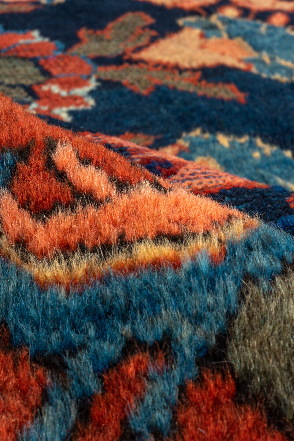 9' x 12' one-of-a-kind handmade vintage Mahal large size rug. Color palette: navy, rust, coral, teal, ivory, slate, rose