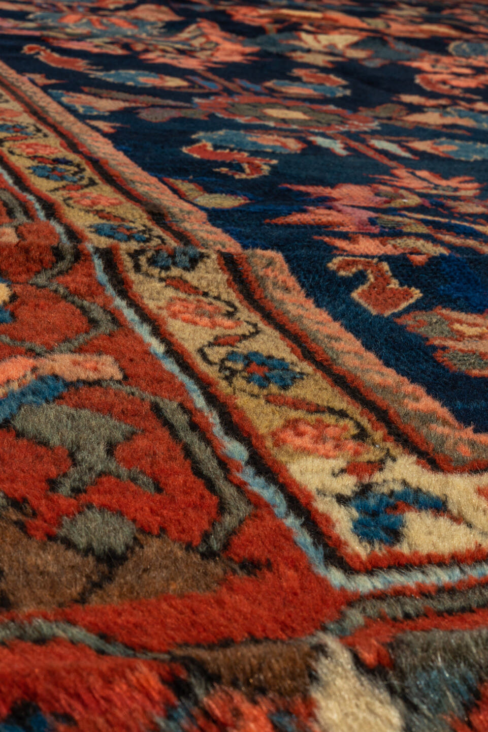 9' x 12' one-of-a-kind handmade vintage Mahal large size rug. Color palette: navy, rust, coral, teal, ivory, slate, rose