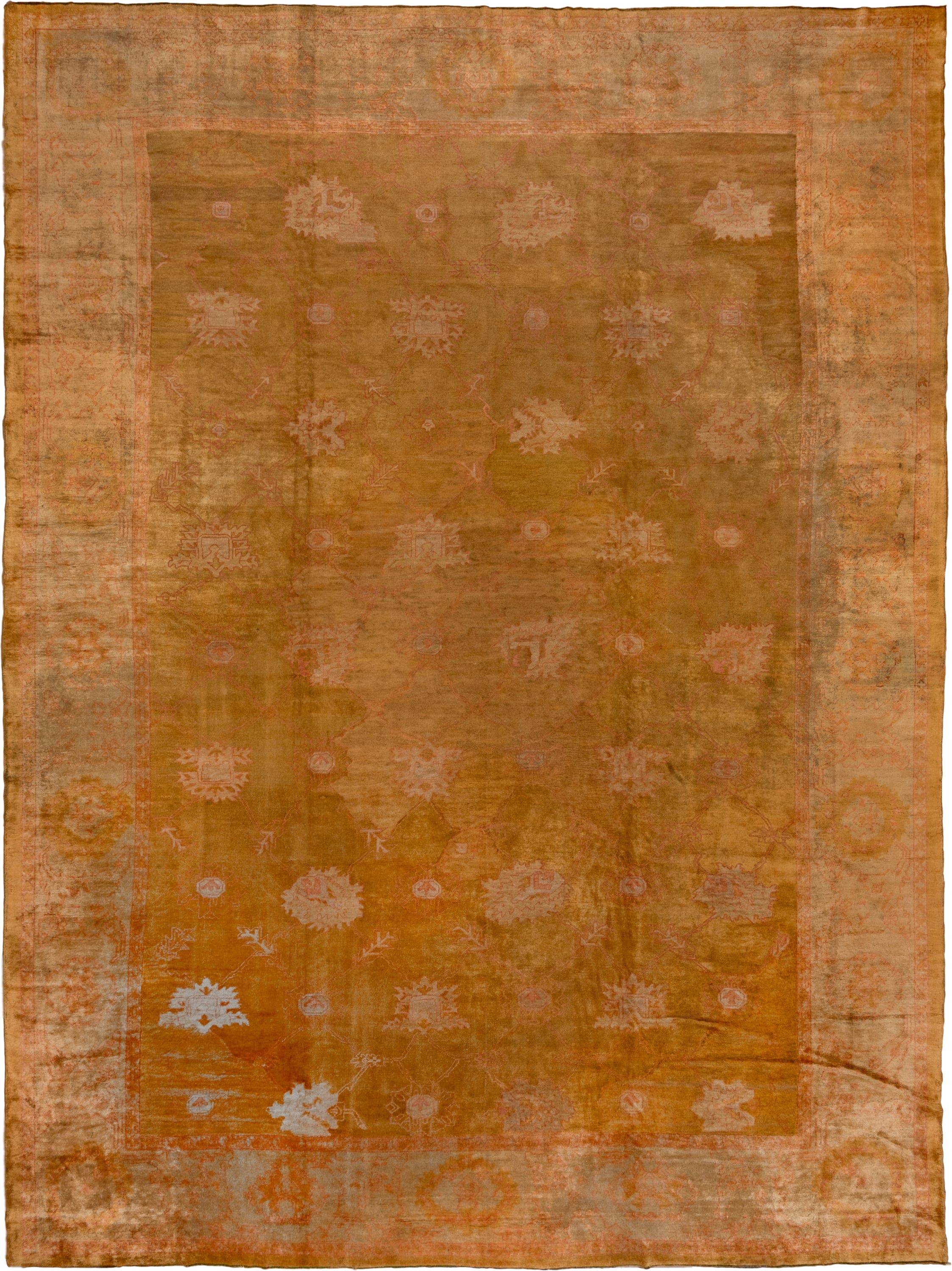 14' x 18' one-of-a-kind handmade vintage Oushak oversize rug. Color palette: terra cotta, camel, ivory, blush, sage, ochre