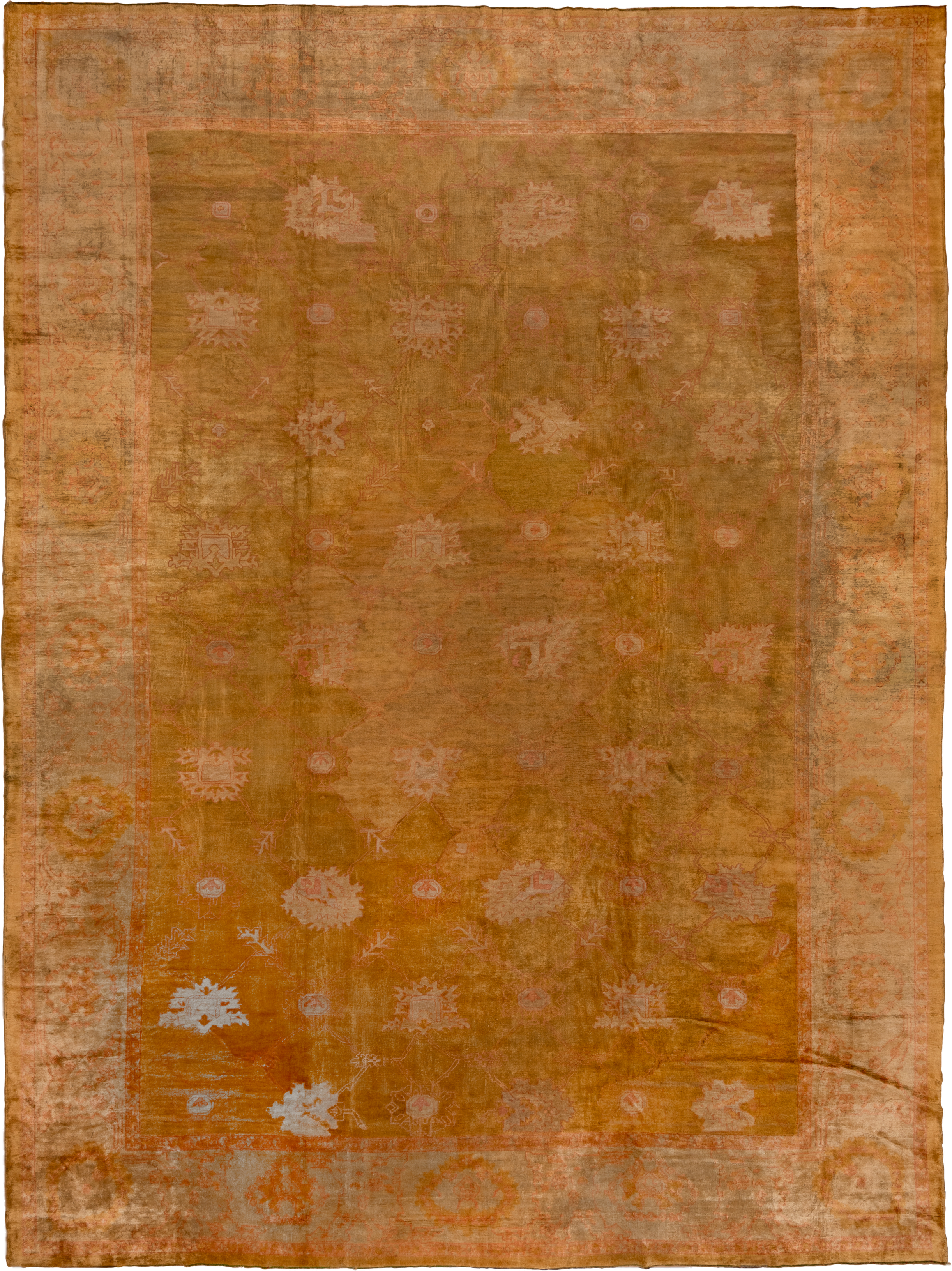 14' x 18' one-of-a-kind handmade vintage Oushak oversize rug. Color palette: terra cotta, camel, ivory, blush, sage, ochre