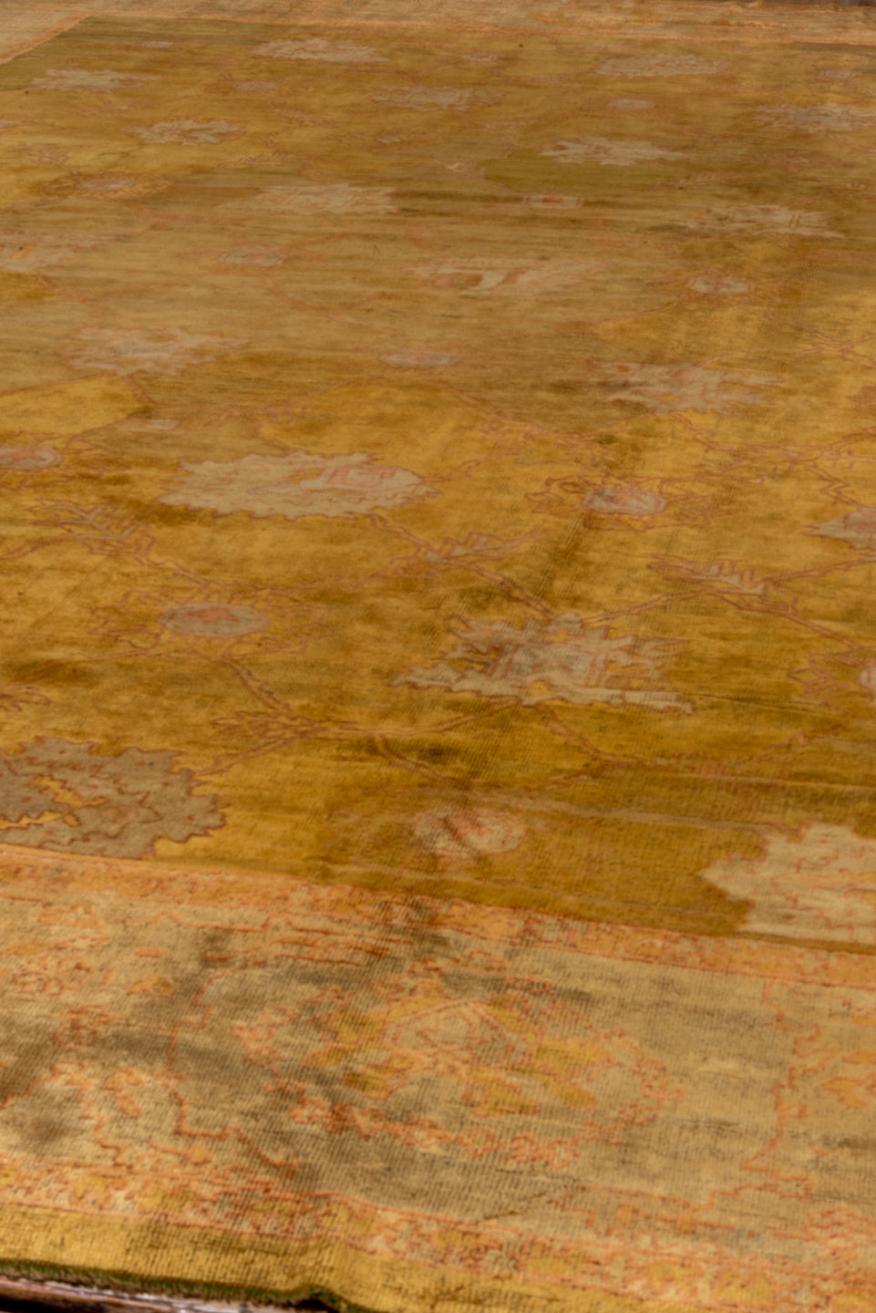14' x 18' one-of-a-kind handmade vintage Oushak oversize rug. Color palette: terra cotta, camel, ivory, blush, sage, ochre