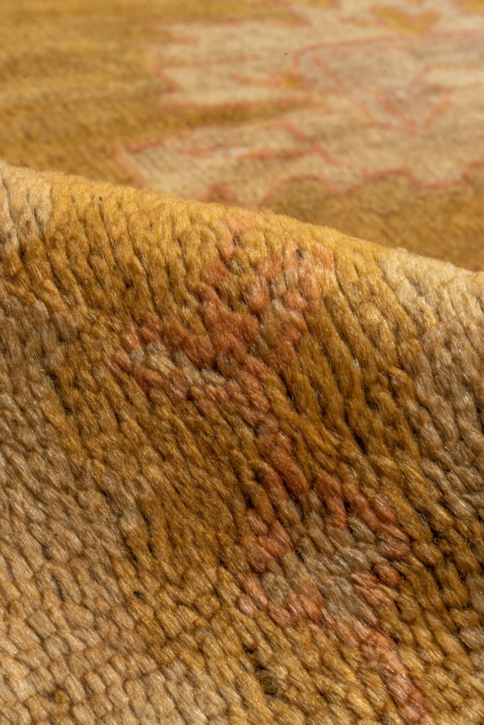 14' x 18' one-of-a-kind handmade vintage Oushak oversize rug. Color palette: terra cotta, camel, ivory, blush, sage, ochre