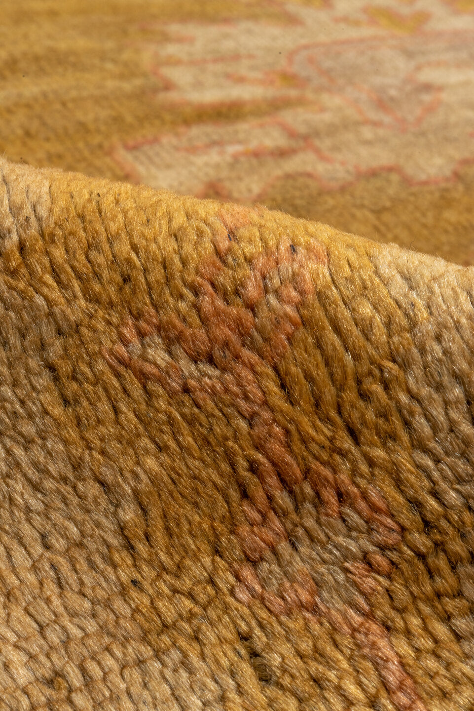 14' x 18' one-of-a-kind handmade vintage Oushak oversize rug. Color palette: terra cotta, camel, ivory, blush, sage, ochre