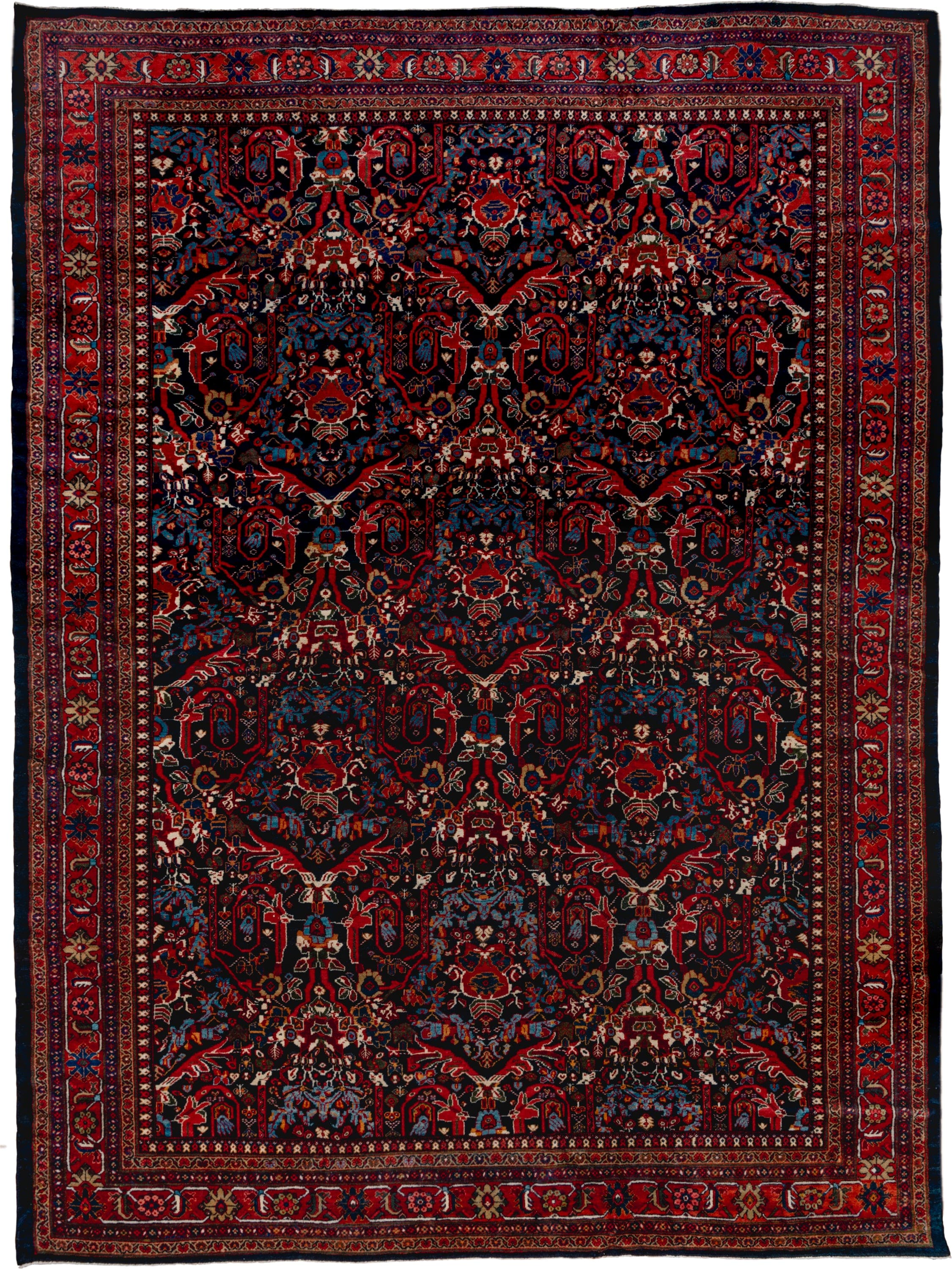 12' x 17' one-of-a-kind handmade vintage Mahal oversize rug. Color palette: navy, rust, crimson, ivory, cobalt, charcoal