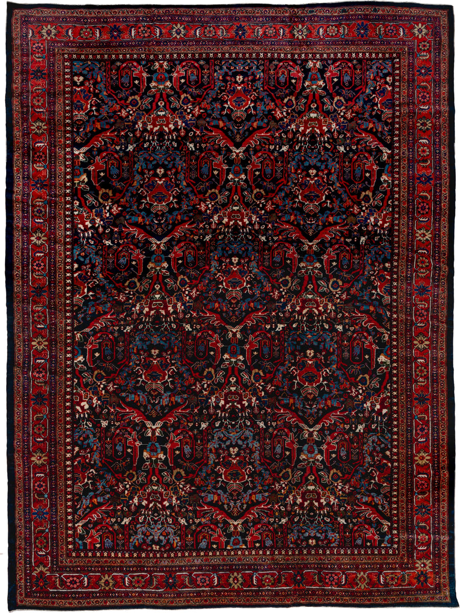 12' x 17' one-of-a-kind handmade vintage Mahal oversize rug. Color palette: navy, rust, crimson, ivory, cobalt, charcoal