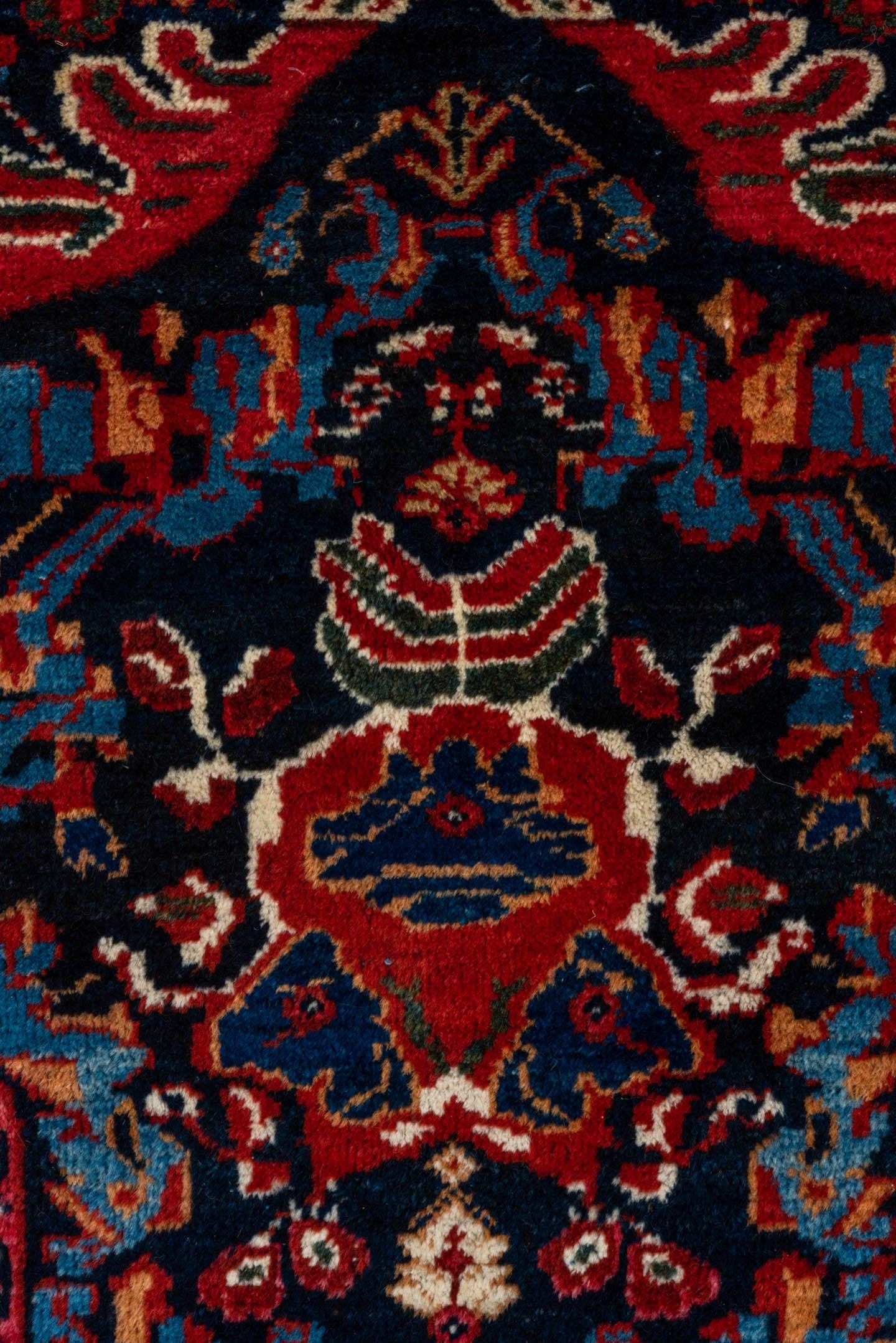 12' x 17' one-of-a-kind handmade vintage Mahal oversize rug. Color palette: navy, rust, crimson, ivory, cobalt, charcoal