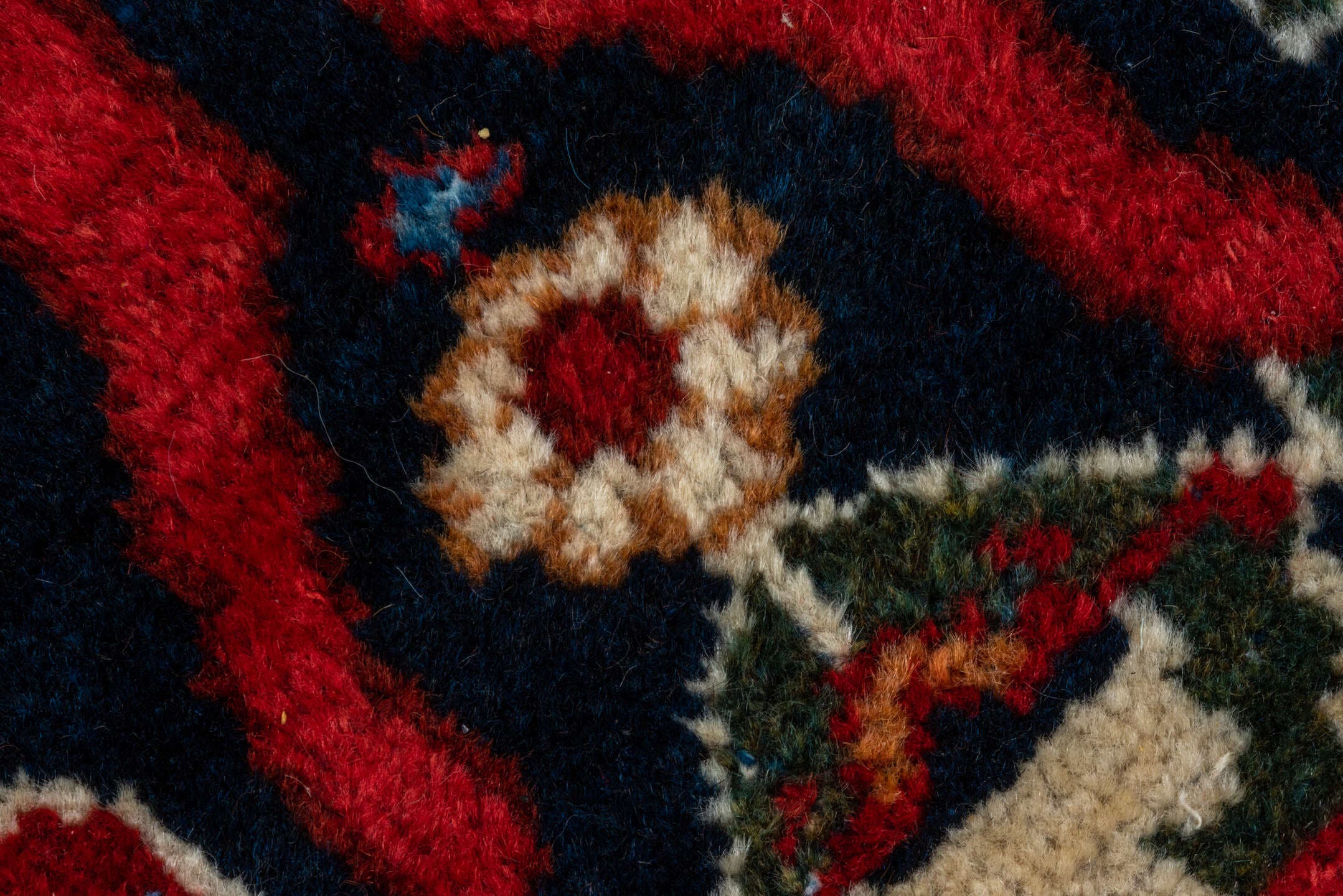12' x 17' one-of-a-kind handmade vintage Mahal oversize rug. Color palette: navy, rust, crimson, ivory, cobalt, charcoal