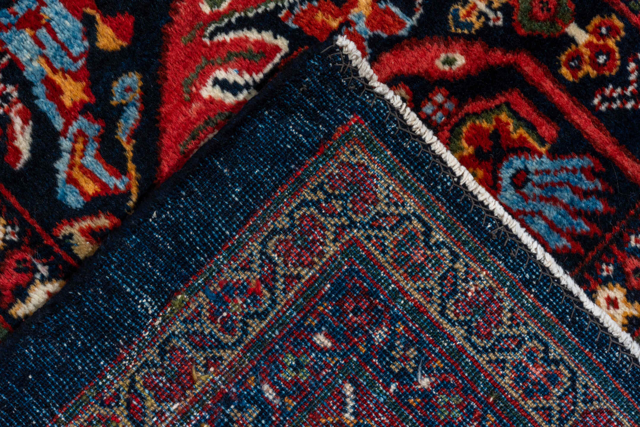 12' x 17' one-of-a-kind handmade vintage Mahal oversize rug. Color palette: navy, rust, crimson, ivory, cobalt, charcoal