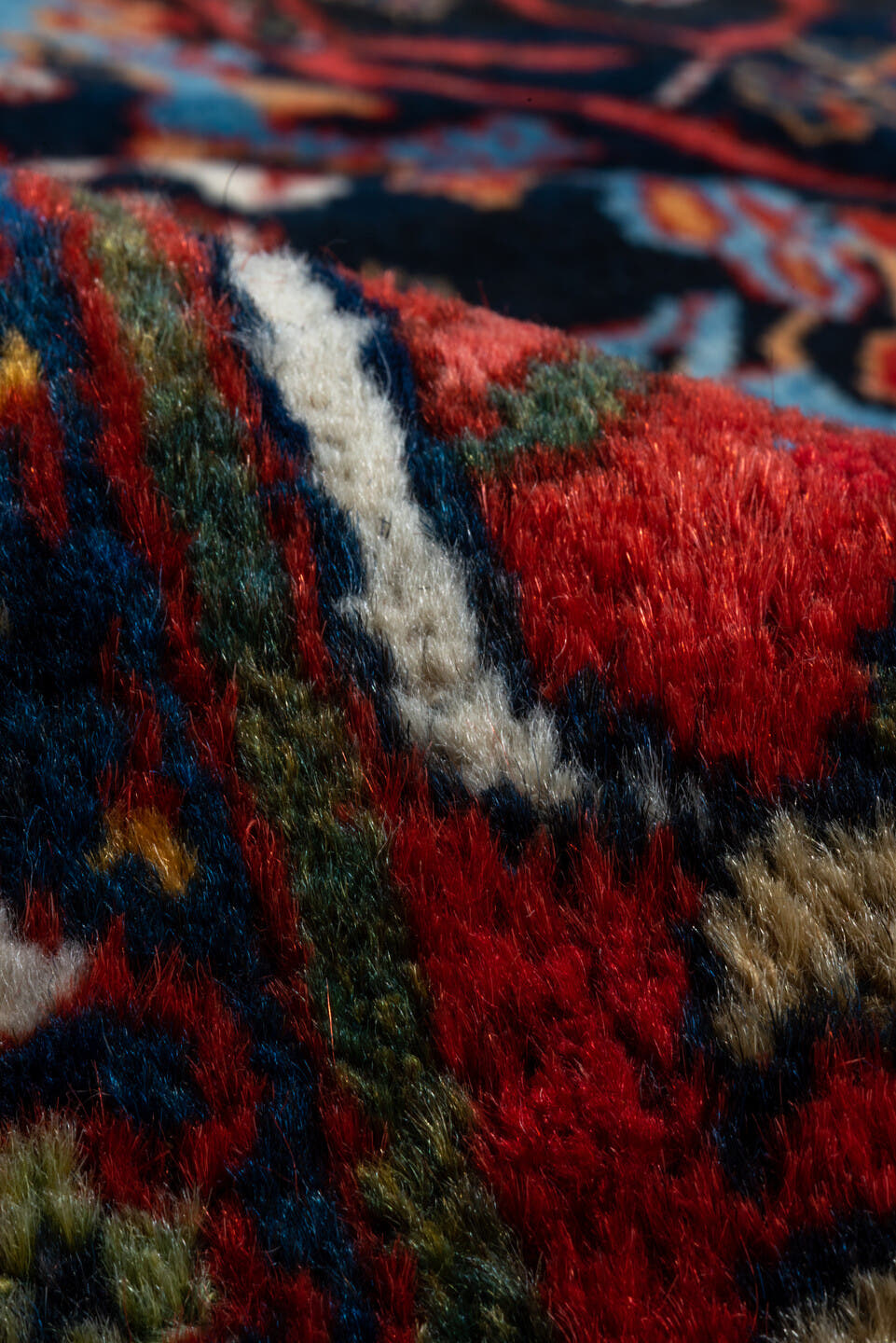 12' x 17' one-of-a-kind handmade vintage Mahal oversize rug. Color palette: navy, rust, crimson, ivory, cobalt, charcoal
