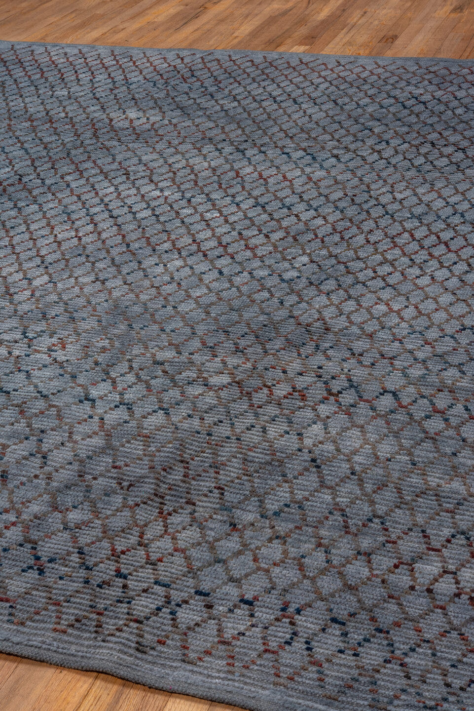 8' x 9' one-of-a-kind handmade vintage Tulu rug. Color palette: blue-gray, slate, rust, charcoal, taupe, gray, blue