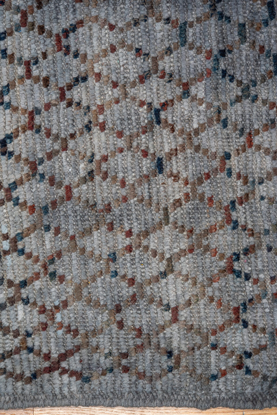 8' x 9' one-of-a-kind handmade vintage Tulu rug. Color palette: blue-gray, slate, rust, charcoal, taupe, gray, blue