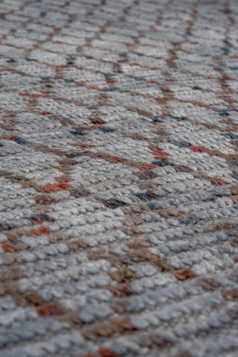 8' x 9' one-of-a-kind handmade vintage Tulu rug. Color palette: blue-gray, slate, rust, charcoal, taupe, gray, blue